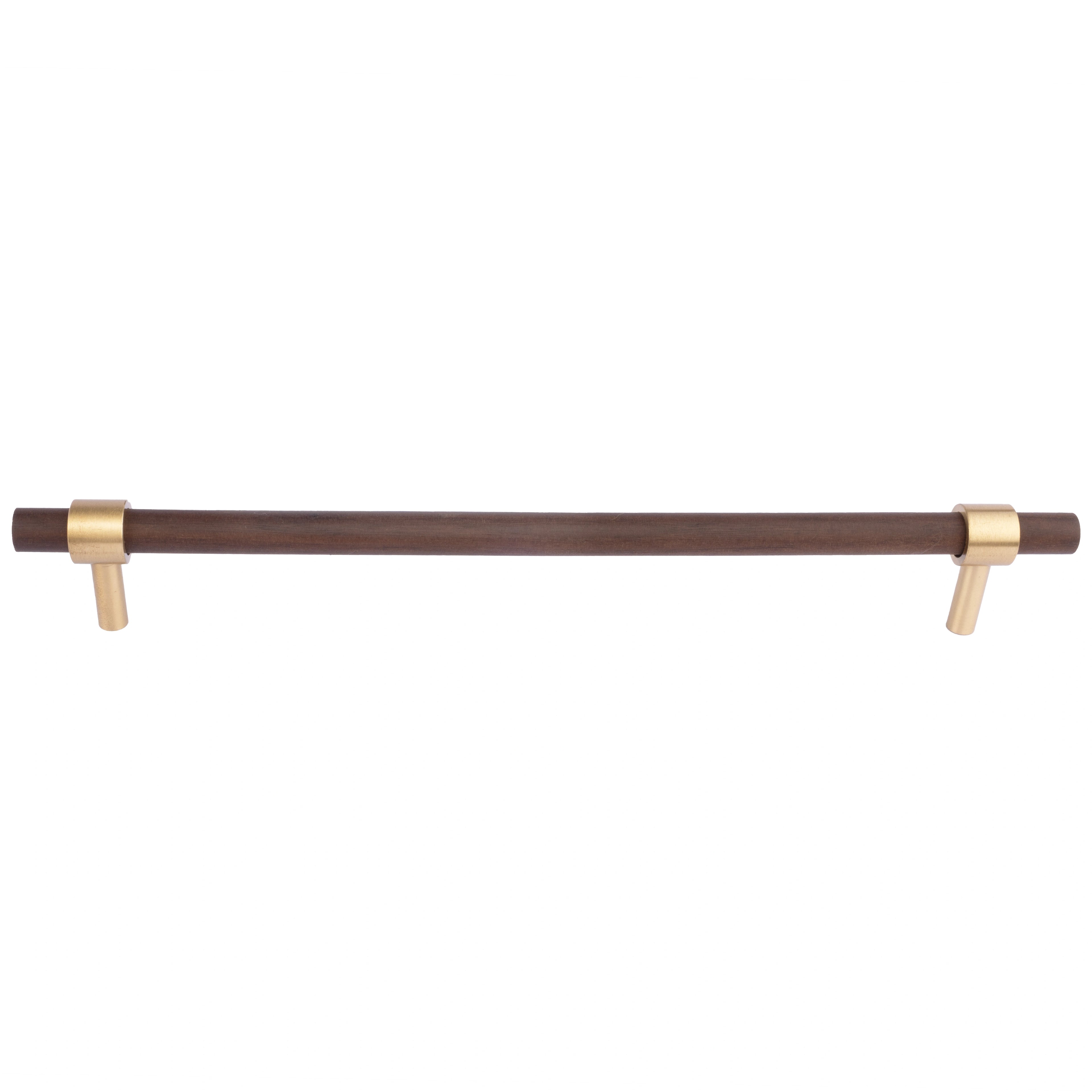 Holt Handle W-0010 in walnut & brushed brass, sizes 60–370mm, suits furniture, drawers & wardrobes—by Mantara.