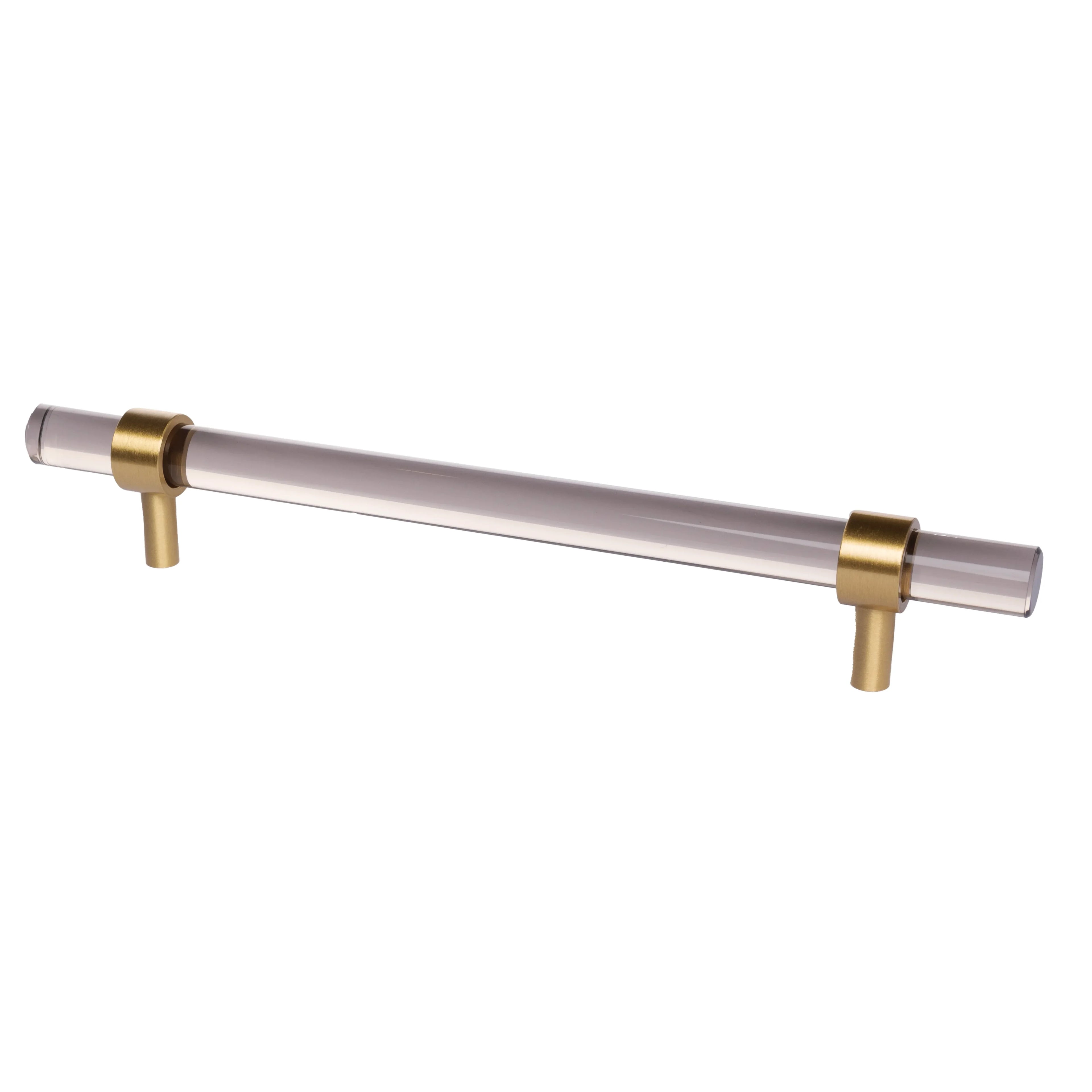 A modern cabinet bar handle, Petra V crafted from grey acrylic with polished brass mounts, model A-0011 by Mantara, SKU A-0011.