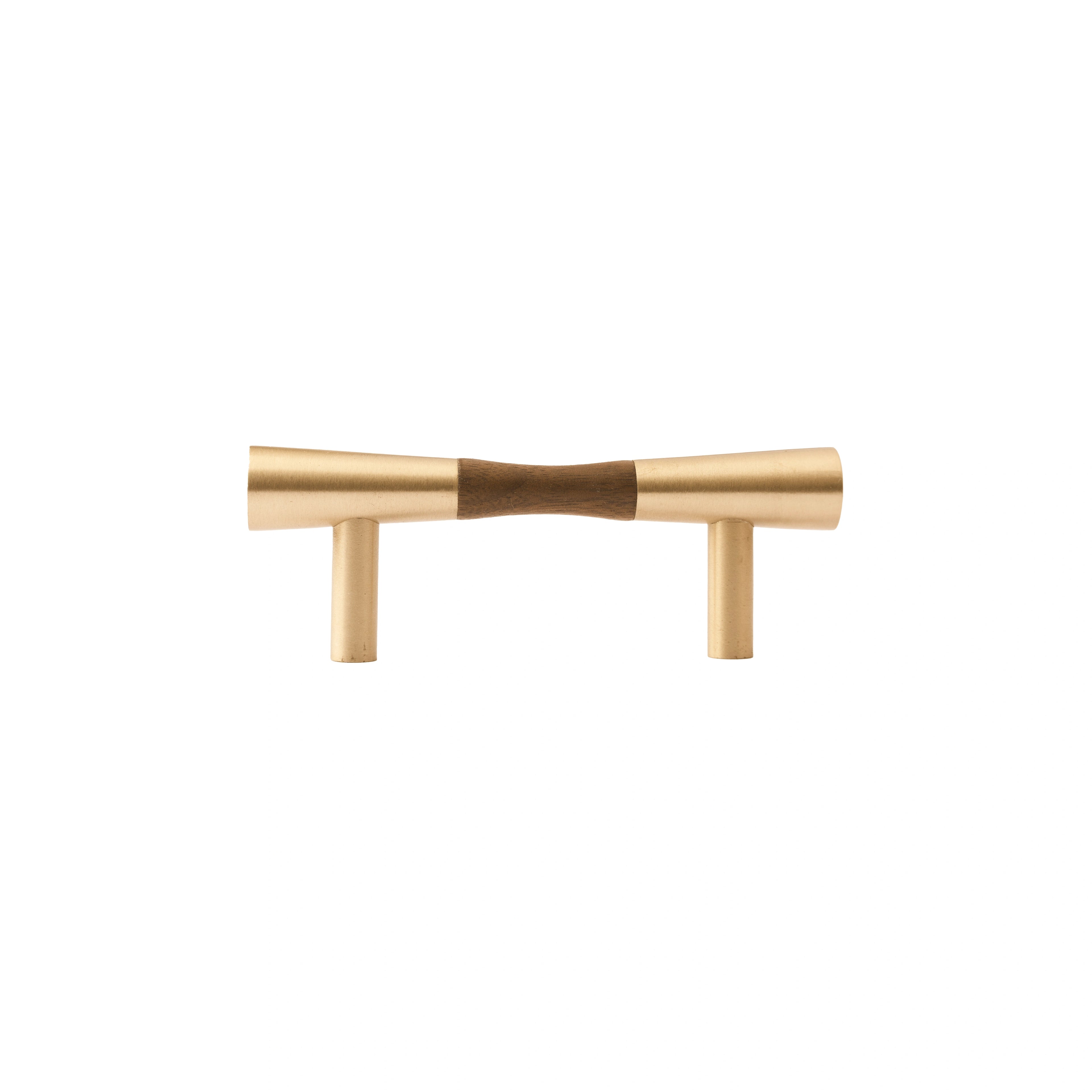 Furniture handle in brass and wood, featuring a tapered form in brown and gold finish, Sylvia Handle W-0014 by Mantara.