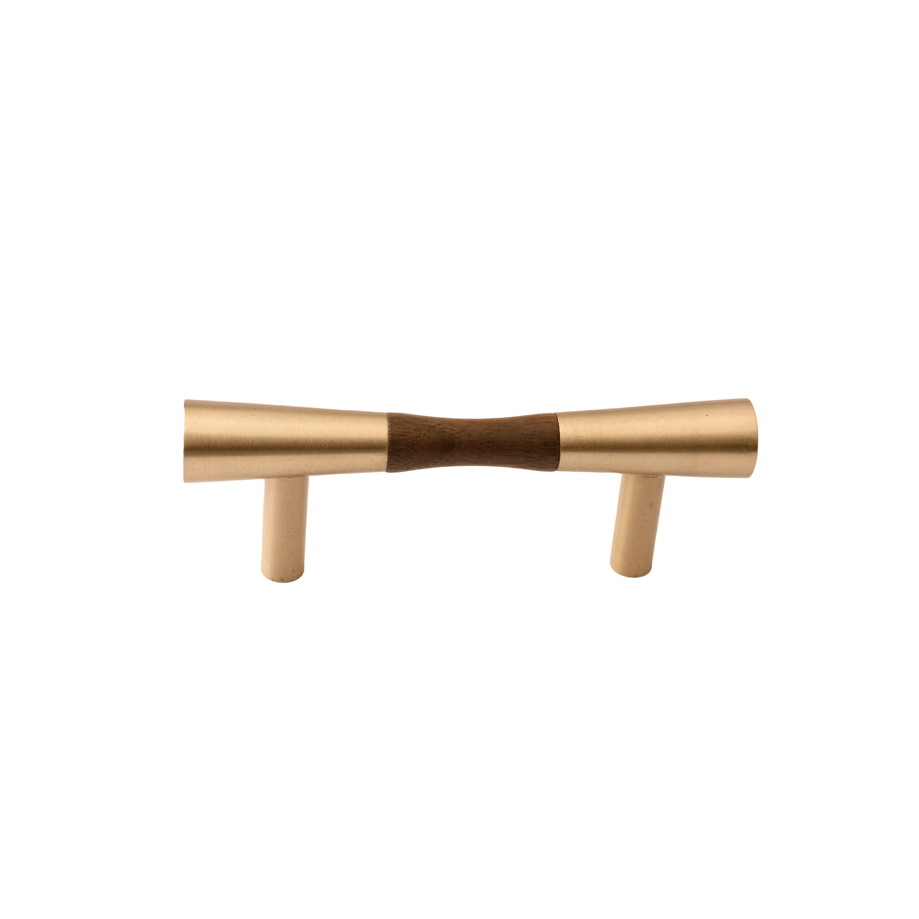Furniture handle in brass and wood, featuring a tapered form in brown and gold finish, Sylvia Handle W-0014 by Mantara.