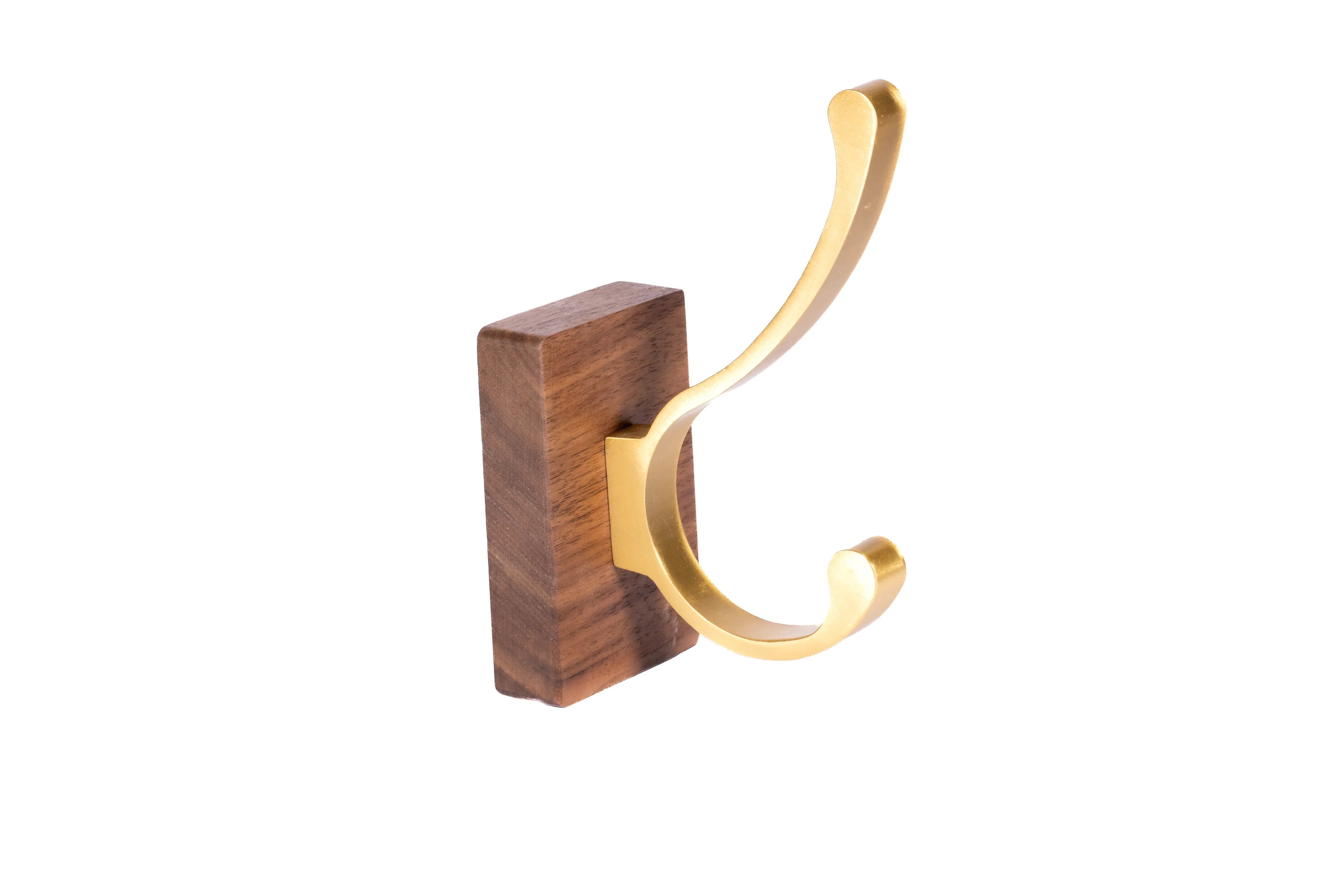 Mantara Thorne Hook W-0032 is a modern space aluminum and walnut hook in gold and ideal for kitchen and dresser drawers.
