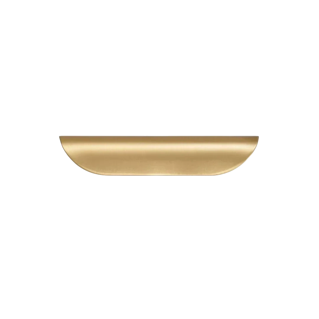 Mantara Veren Pull Handle SKU B-0161 is a modern brass handle in a brushed finish, ideal for kitchen drawers, dresser drawers, wardrobes, cabinets, and cupboards.