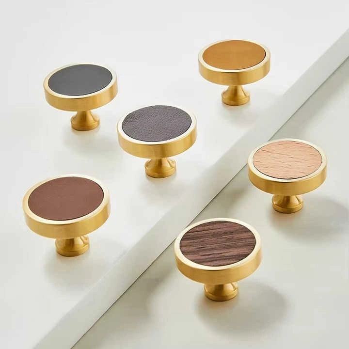 Mantara Rohin Knob W-0050 is a modern beige wood and brass knob, ideal for kitchen drawers, dresser drawers.