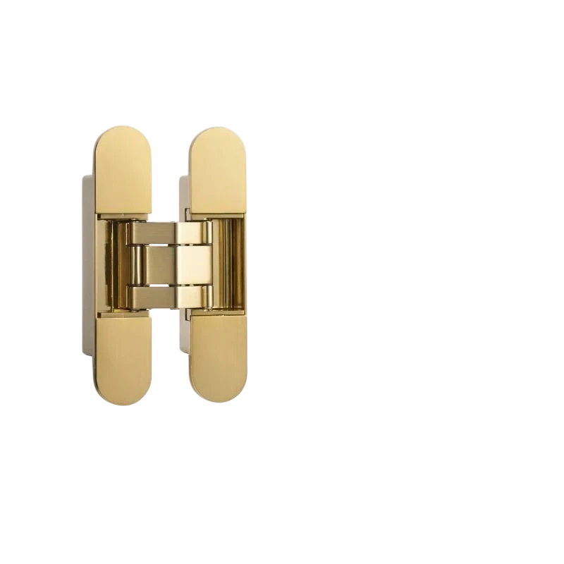 Mantara Prisma Hinge HNG-006 is a modern brass hinge in brushed finish, ideal for cabinets, drawers, and furniture.