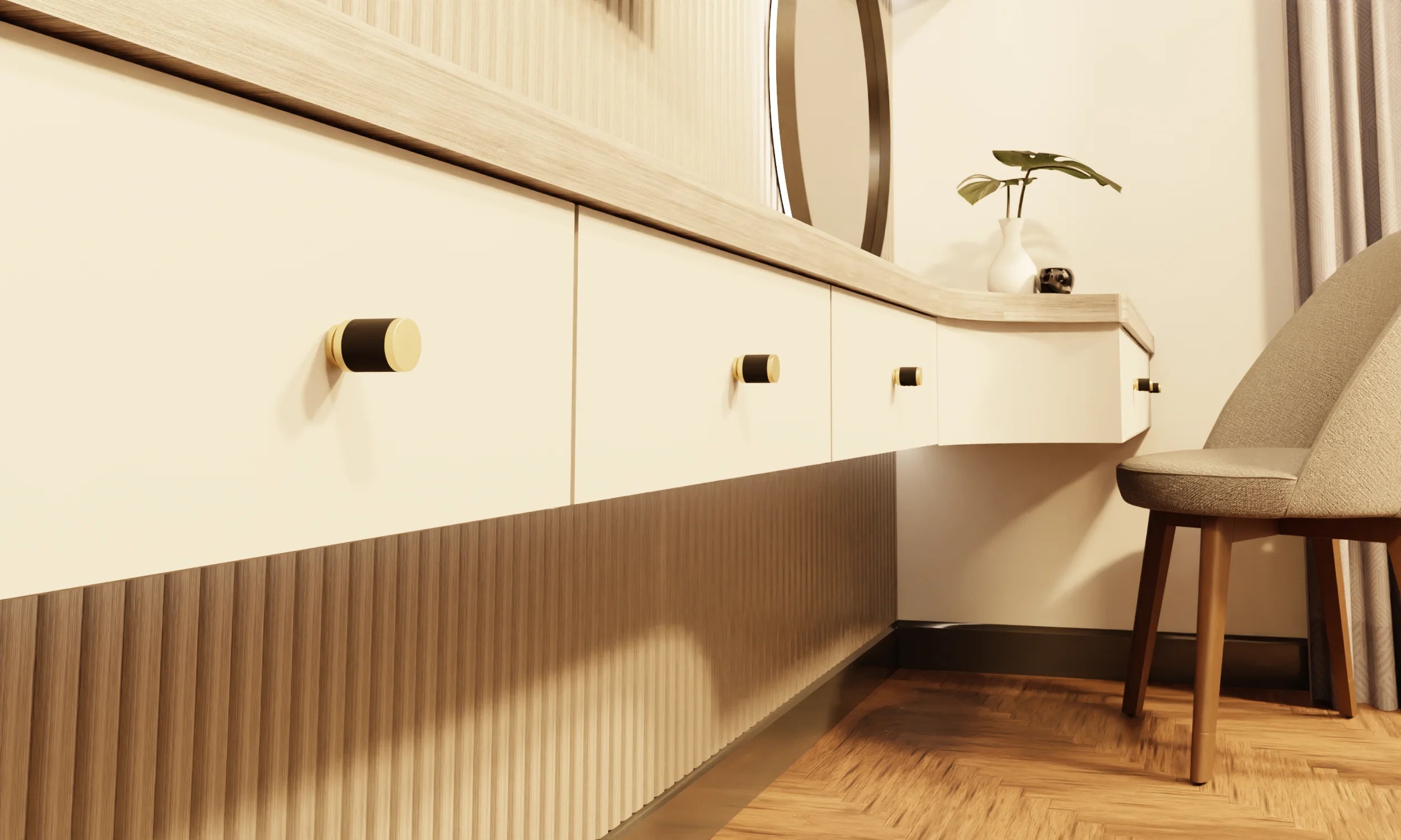 Modern bathroom vanity with white cabinets, gold fixtures, and a gray chair, blending luxury and function by Mantara.
