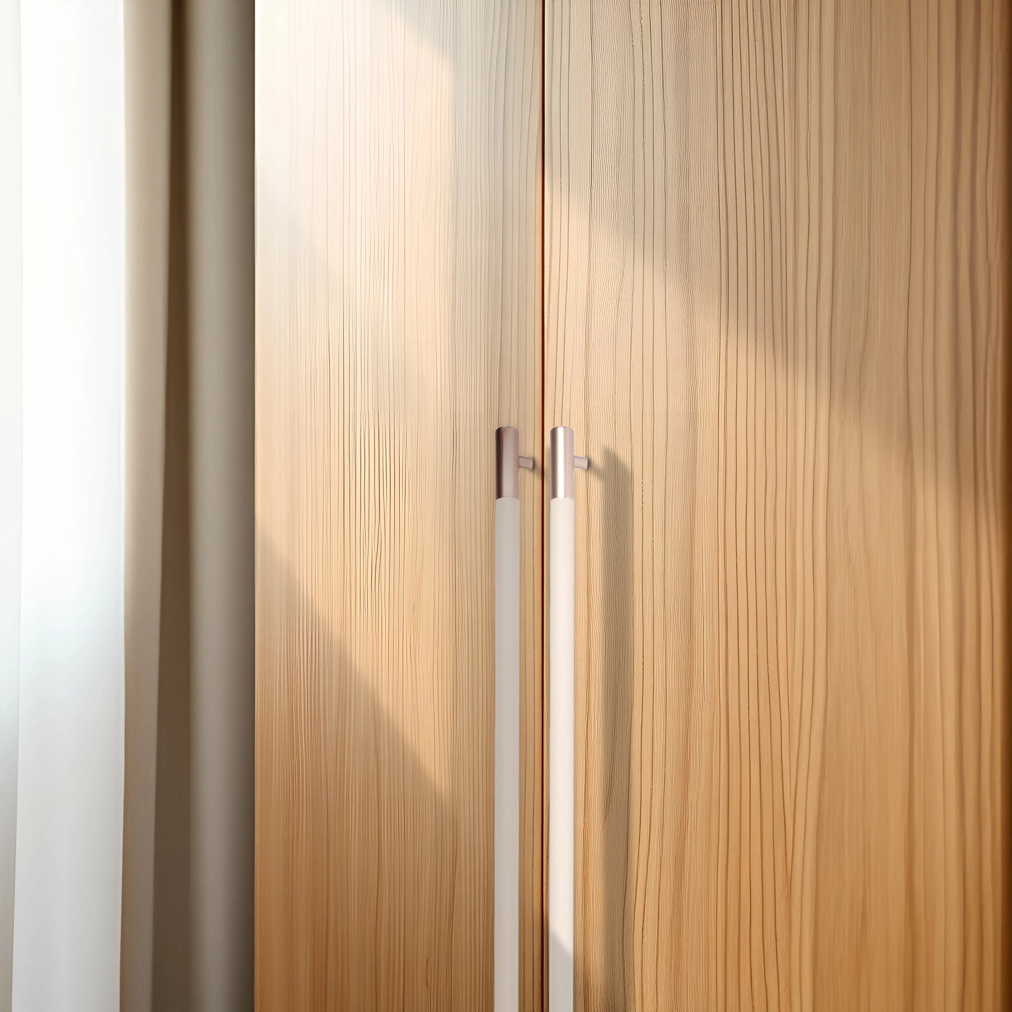 Wooden wardrobe with two doors and metallic handles, set against a white background for a clean look by Mantara.