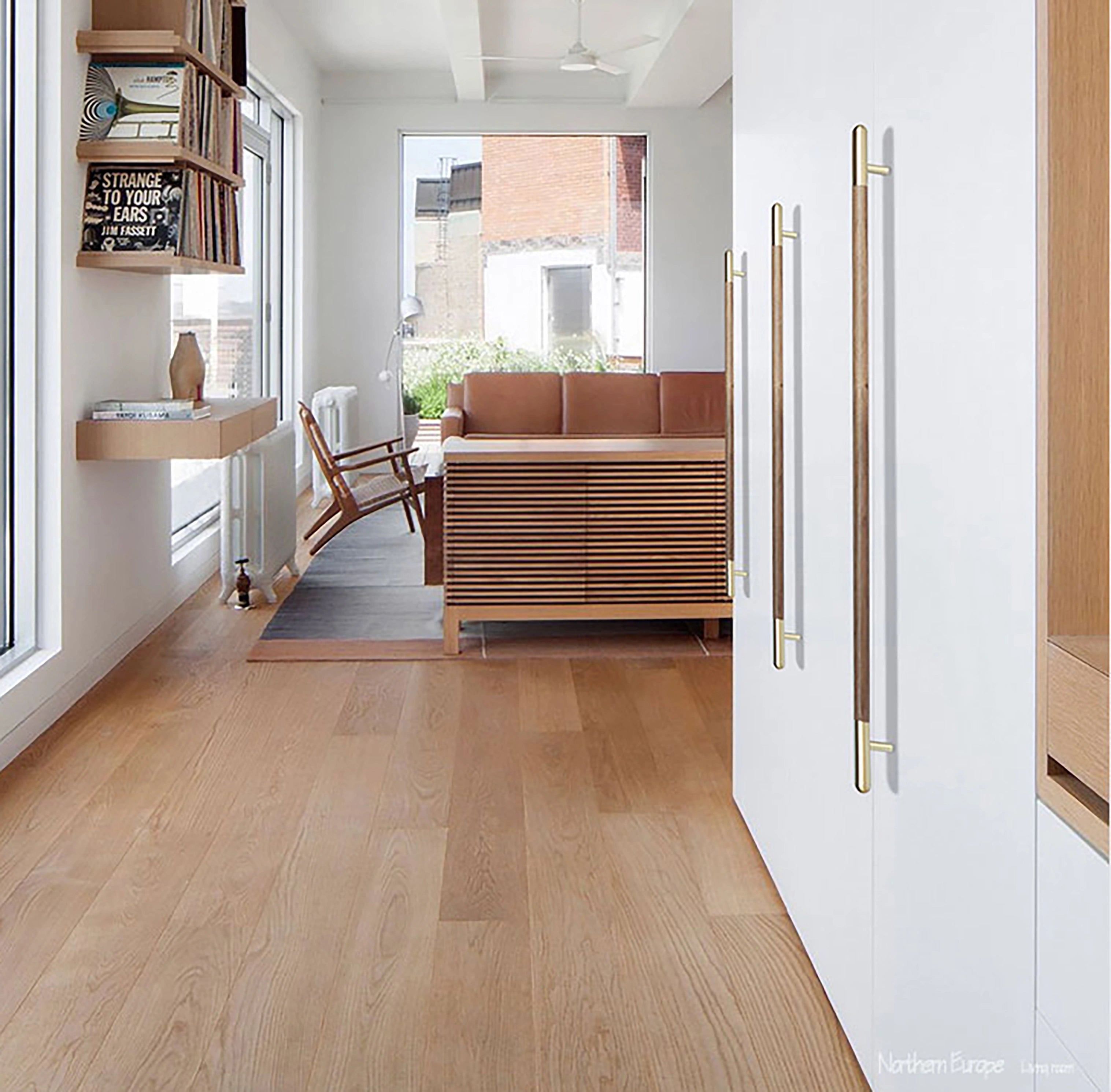 Mahogany Handle W-0003-H in brown natural wood with brushed brass finish, 305mm & 610mm lengths, for wardrobes and furniture by Mantara.