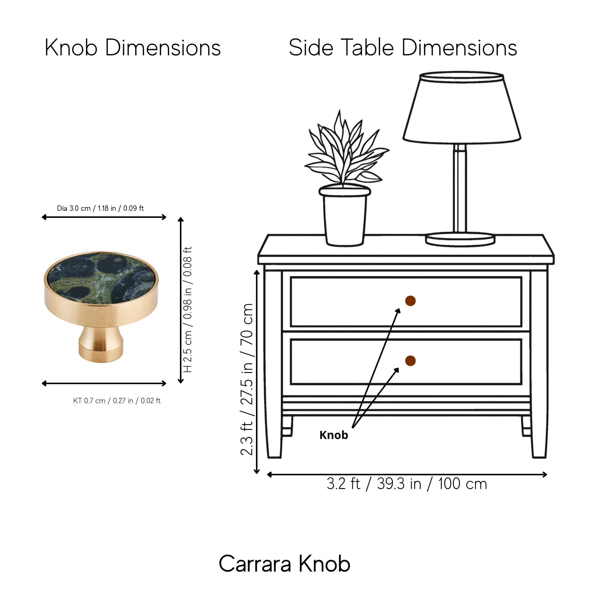 The Mantara M-0004 Carrara Knob is a modern stone and brass knob in Peacock stone, ideal for drawers and cabinets.