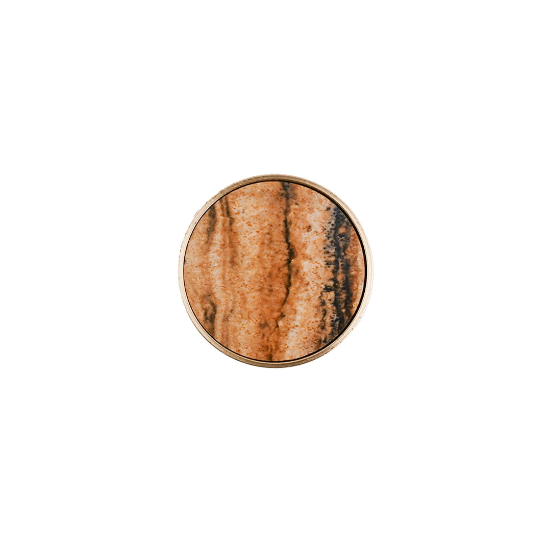 The Mantara M-0004 Carrara Knob is a modern stone and brass knob in Zebra stone, ideal for drawers and cabinets.