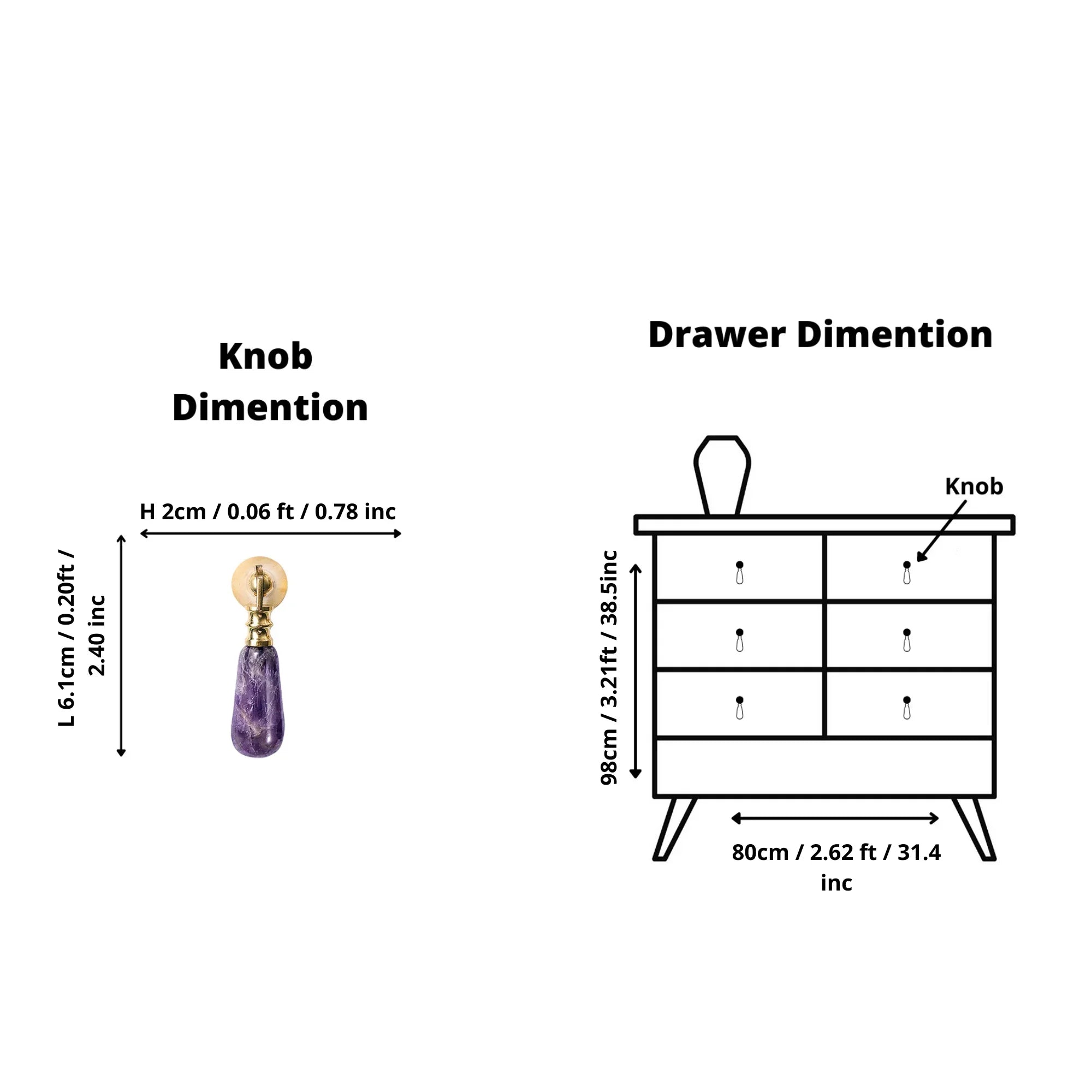 The Mantara C-0007 is a modern natural crystal + brass drop knob in purple, ideal for wardrobes and drawers.