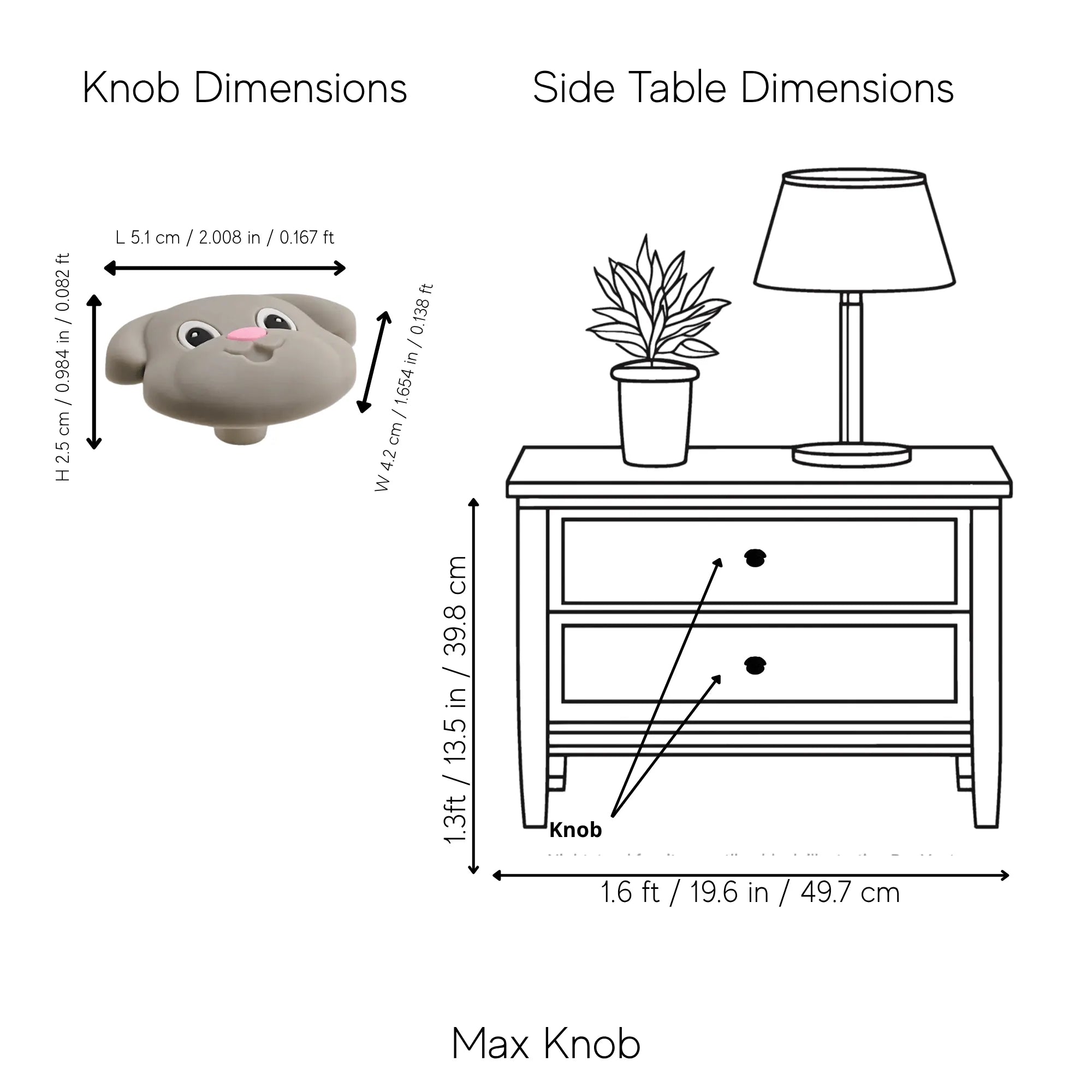 A black-and-white informational diagram showing knob dimensions for a side table. The left panel is labeled &