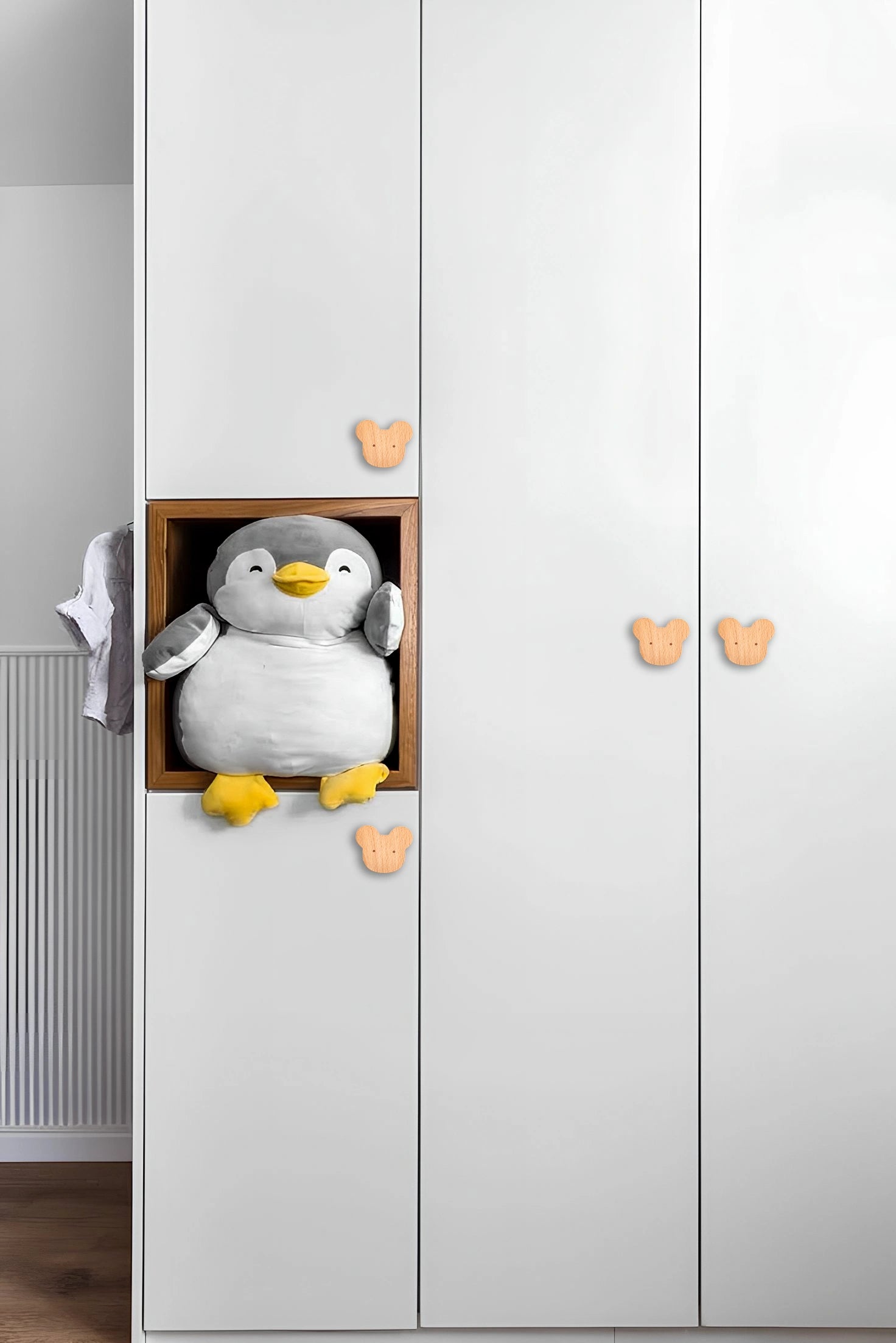 Mantara Mouse Knob W-0024 is a modern beige wooden knob/hook in brushed finish, ideal for kids’ rooms, drawers, and cabinets