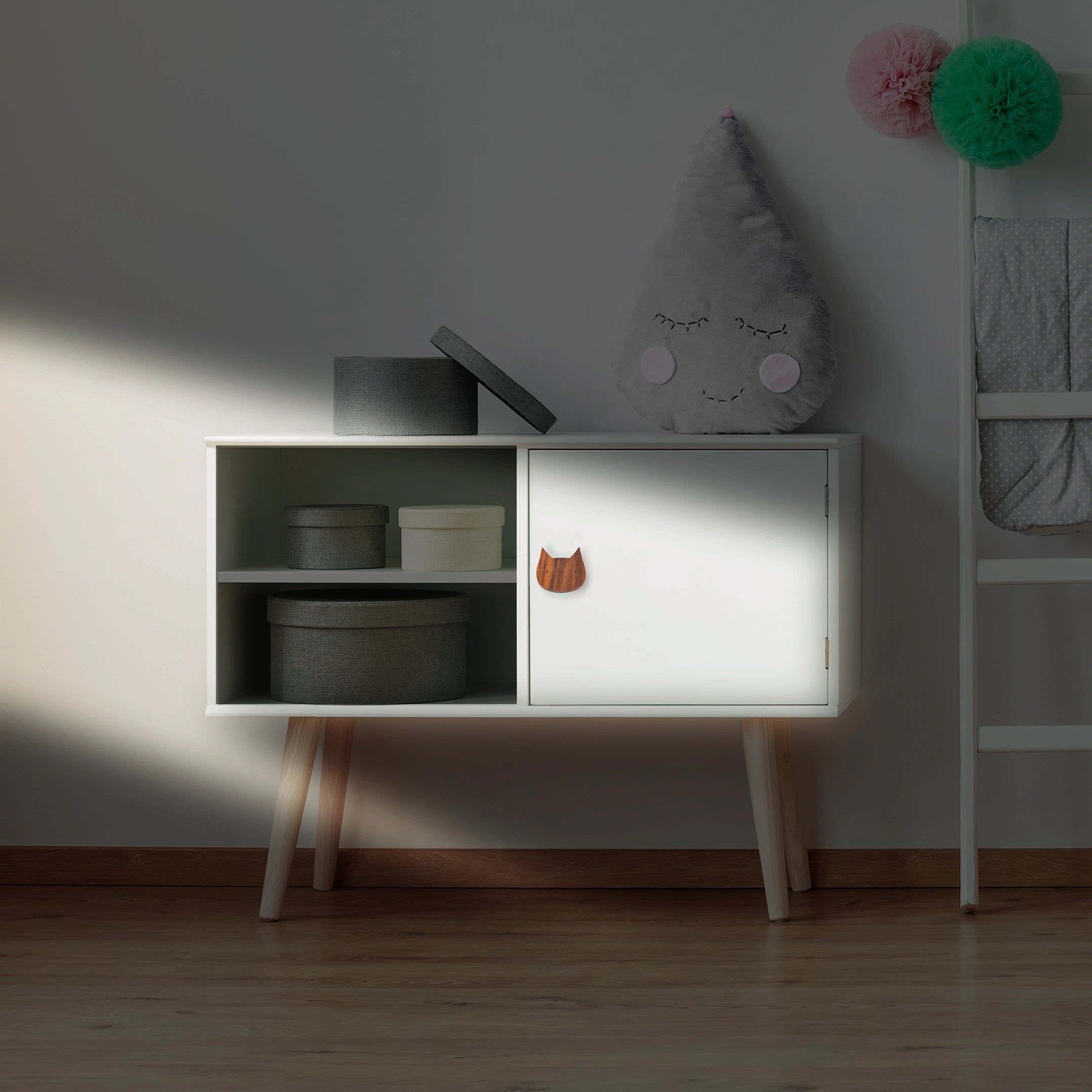 Mantara Cat Wooden Knob W-0024 is a modern wooden knob and wall hook in brushed walnut finish, ideal for kids&