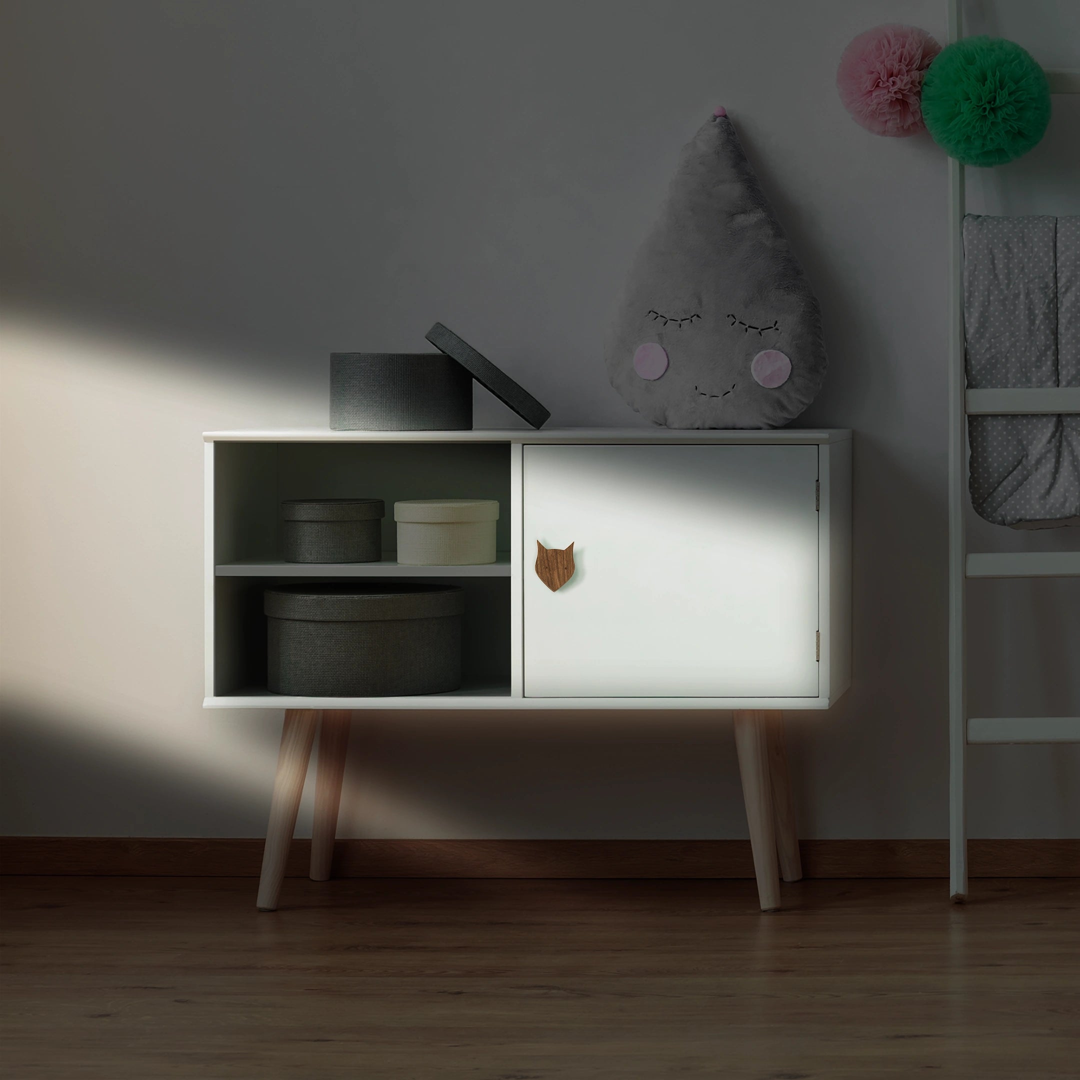 Mantara Fox Hook W-0024 is a modern wooden knob and wall hook in brushed walnut finish, ideal for kids&