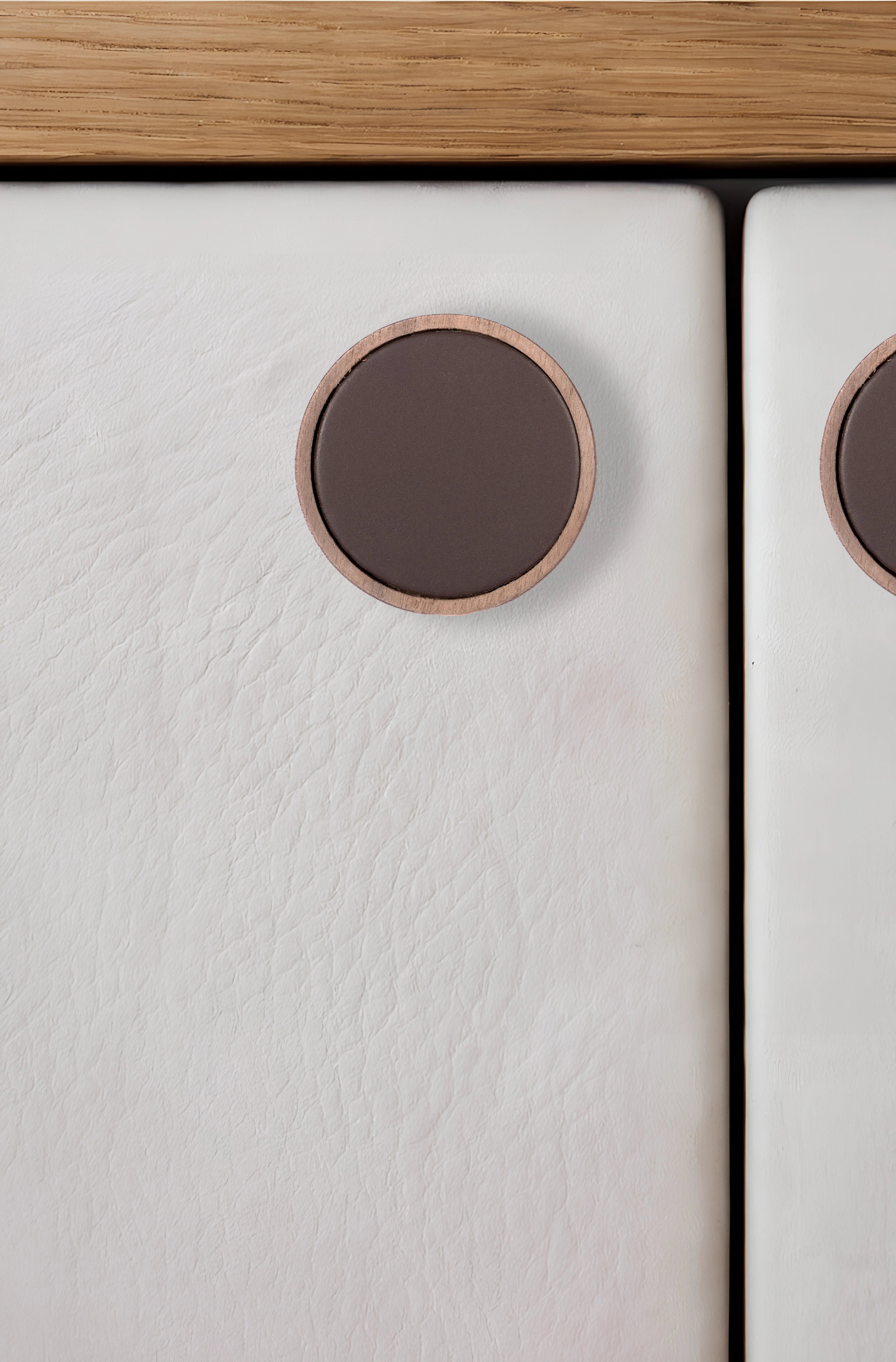 Mantara Birchwood Knob W-0040 is a modern wood knob in walnut, ideal for kitchen or dresser drawers.