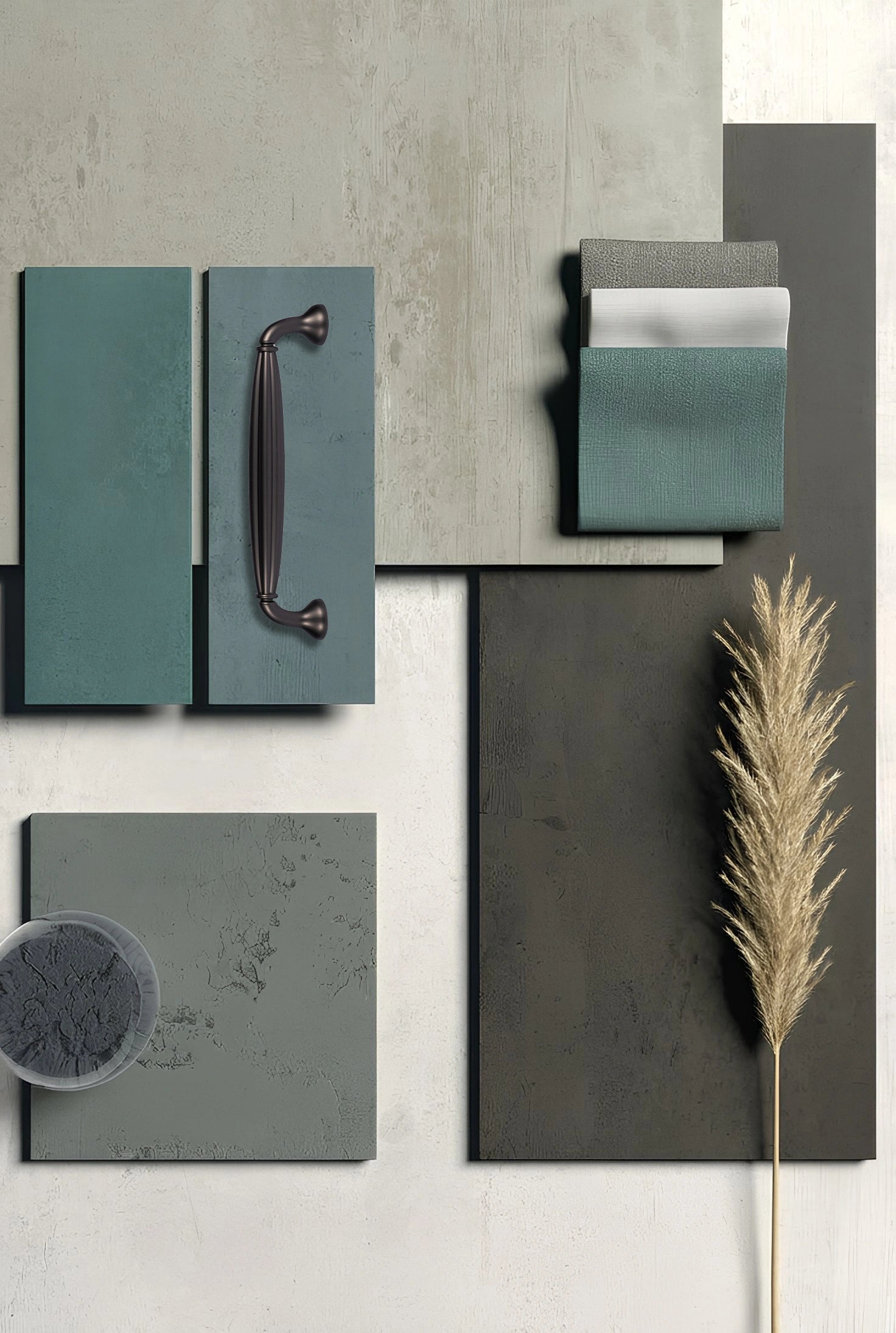 Collection of stone tiles in various colors, paired with cabinet handles and a decorative plant on a neutral background—by Mantara.