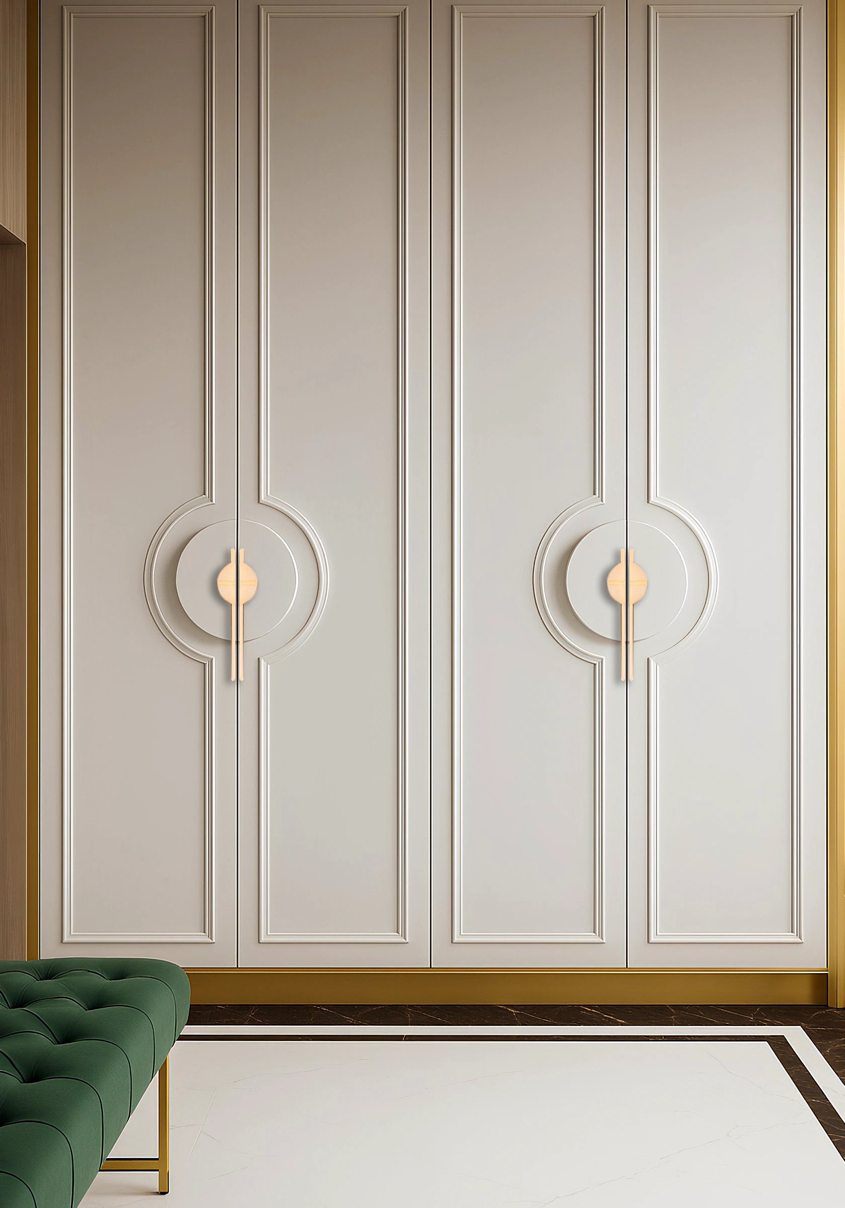 Decorative wall panel with circular designs and gold accents, paired with a green sofa in a styled setting—by Mantara.