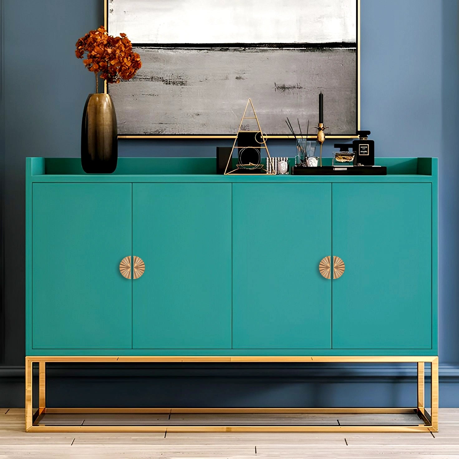 Teal sideboard with gold handles and accents, styled in a room with abstract wall art—bold and elegant by Mantara.
