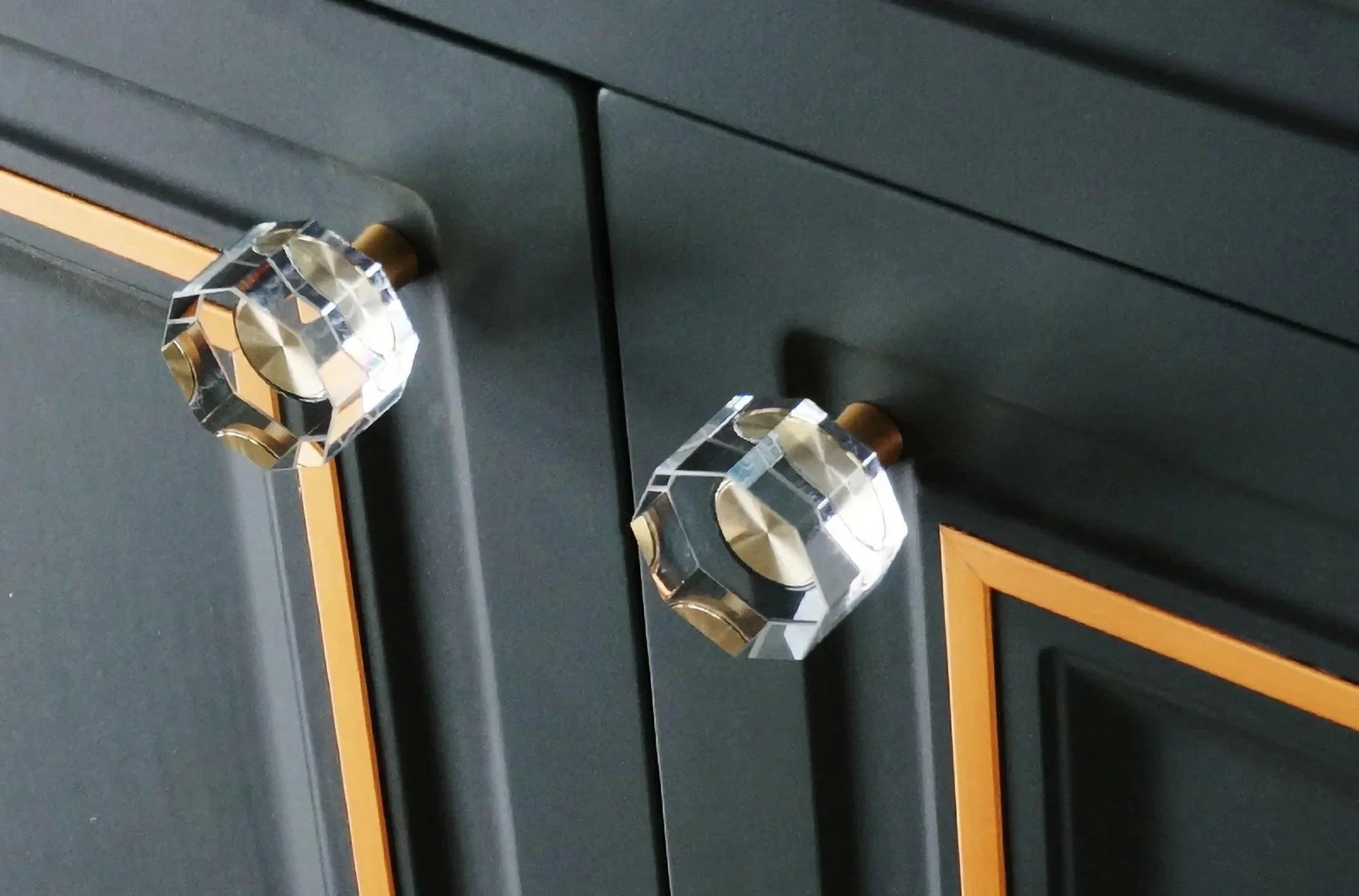 Vintage door knobs collection featuring solid brass crystal knobs in polished gold by Mantara, A-0001.