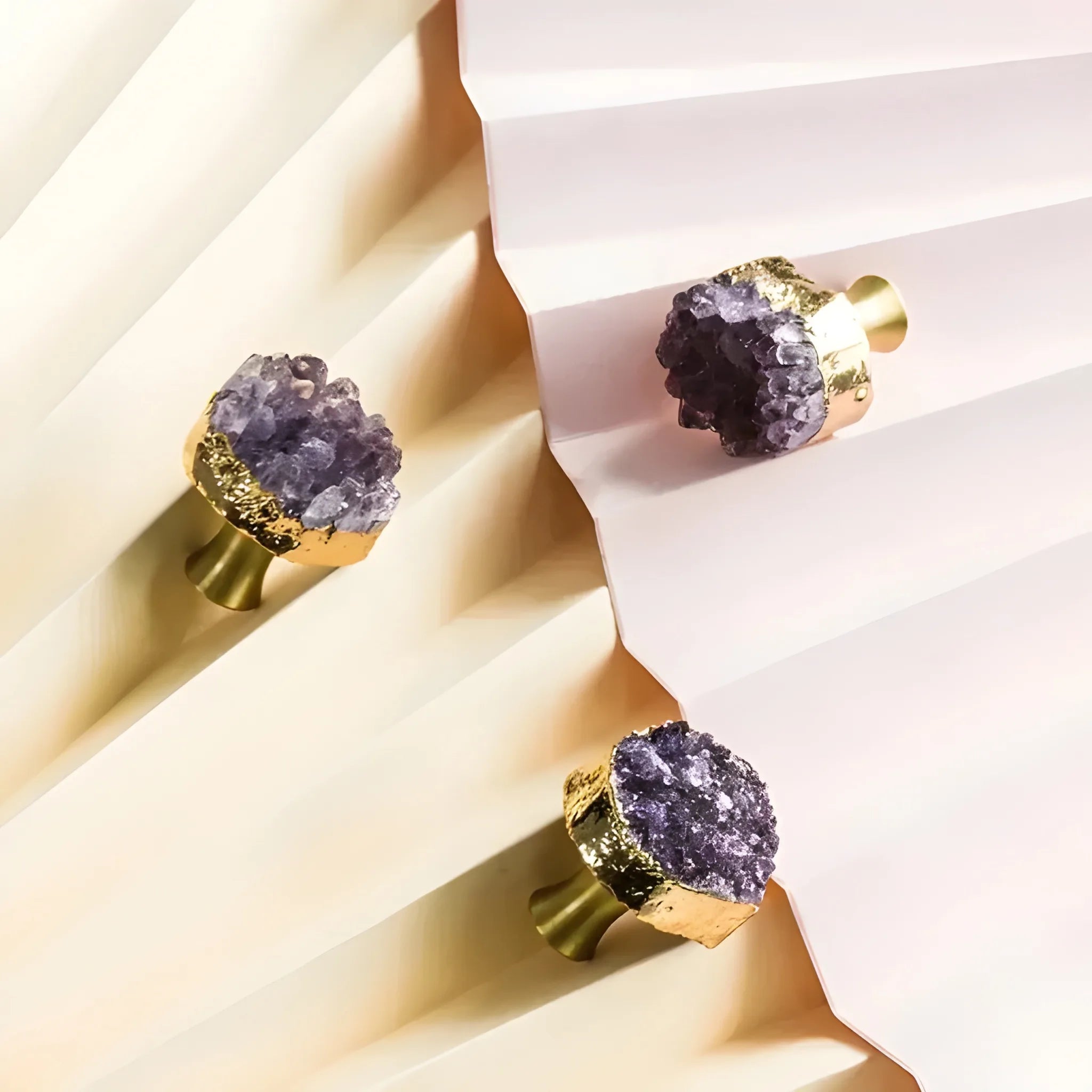 Elegant purple crystal door and cabinet knob with brass detailing by Mantara, model C-0026 - crystal knob, door knob, cabinet knob.