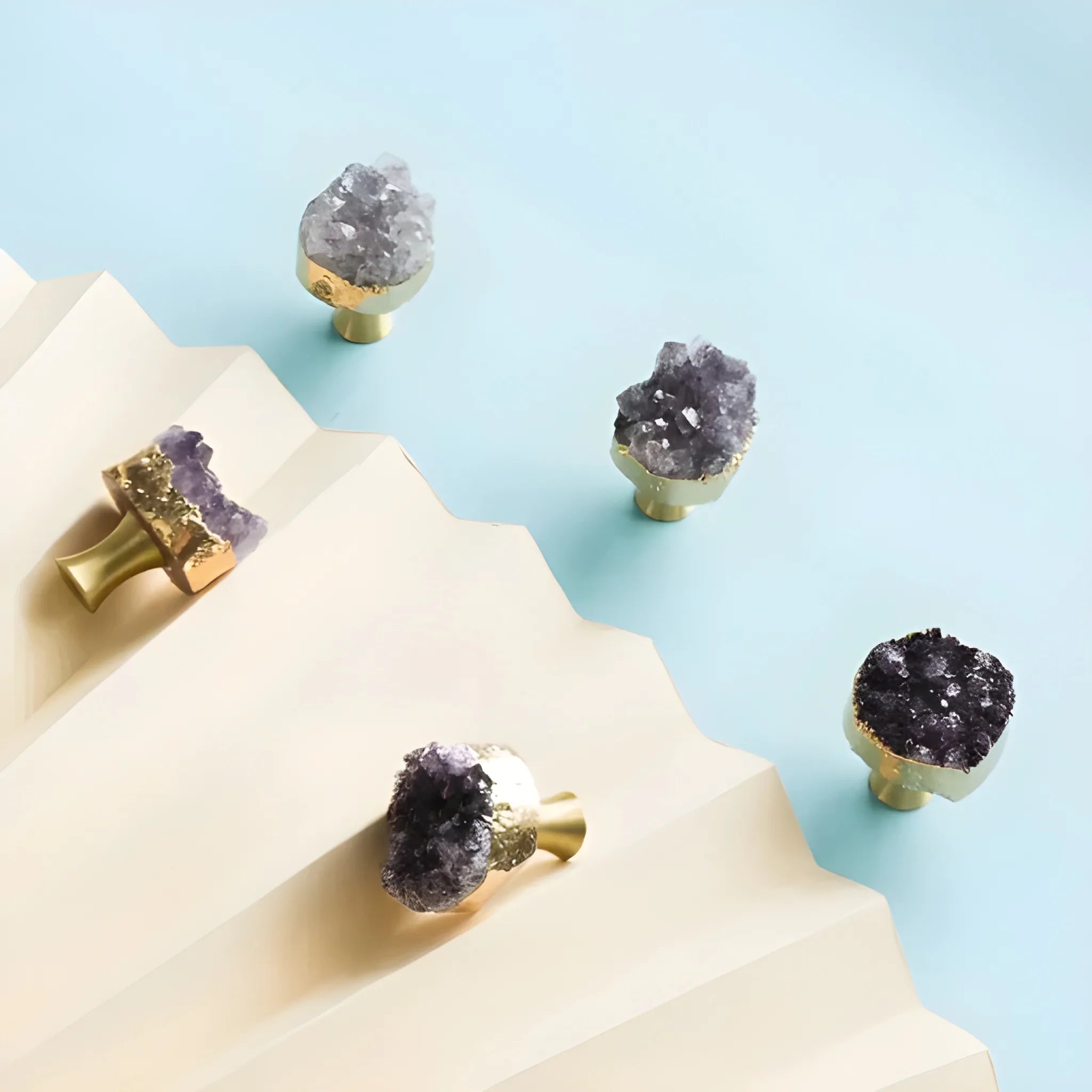 Elegant purple crystal door and cabinet knob with brass detailing by Mantara, model C-0026 - crystal knob, door knob, cabinet knob.