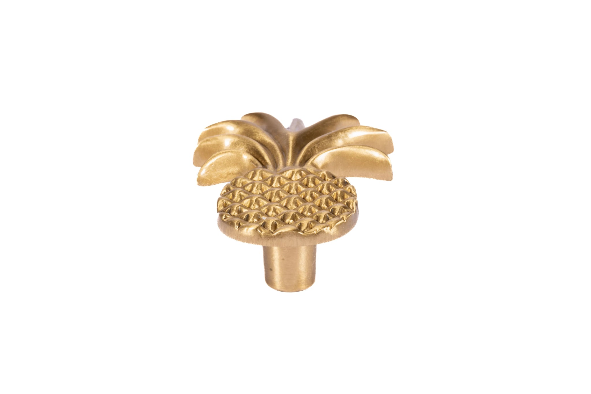 The Ananas Knob by Mantara B-0110 is a modern brushed brass knob in gold, ideal for dressers, cabinets, and kitchens.