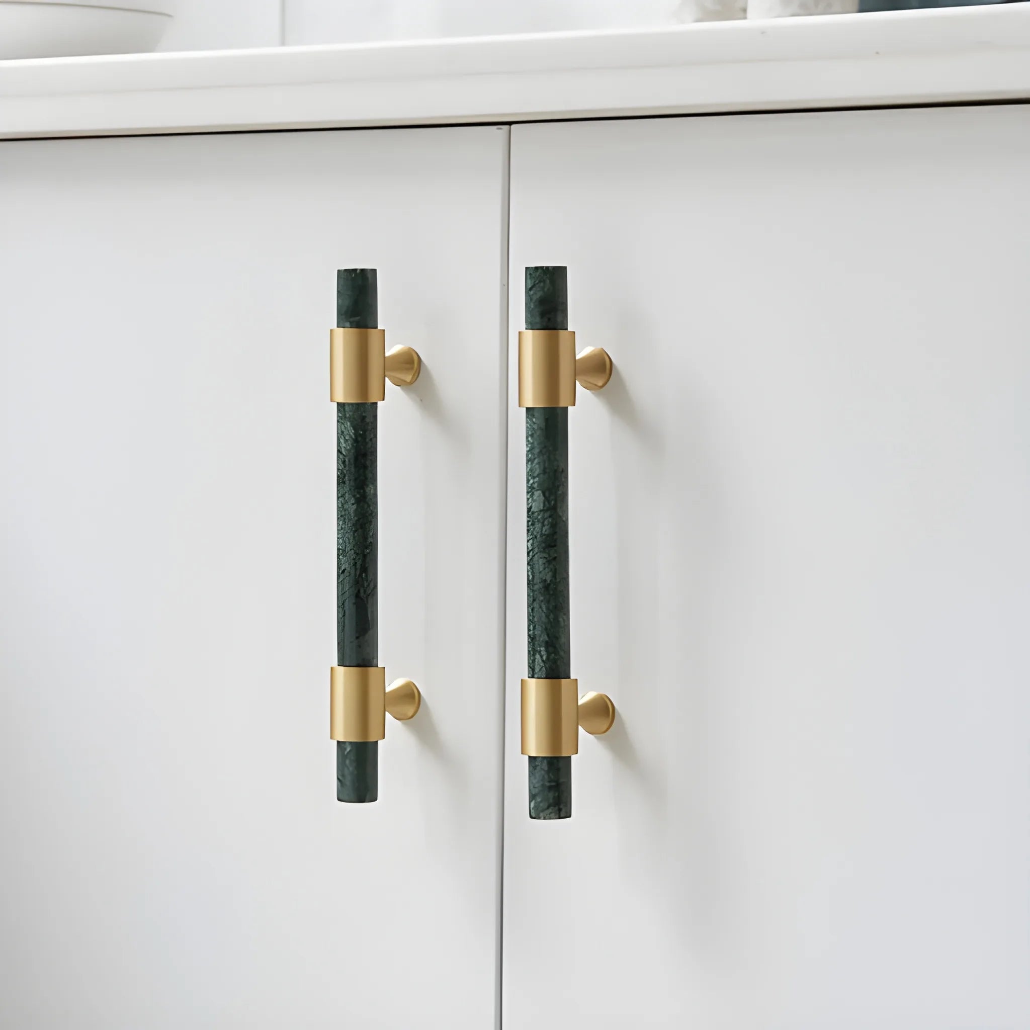 Marble and solid brass with green, black and white color for wardrobe, drawer handle by Mantara, model M-0009-H.