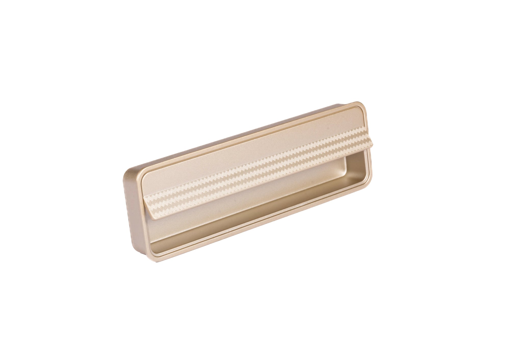 Mantara Arcane Handle Z-0015 is a modern zinc alloy handle in brushed gold finish, ideal for kitchen drawers, dresser drawers.