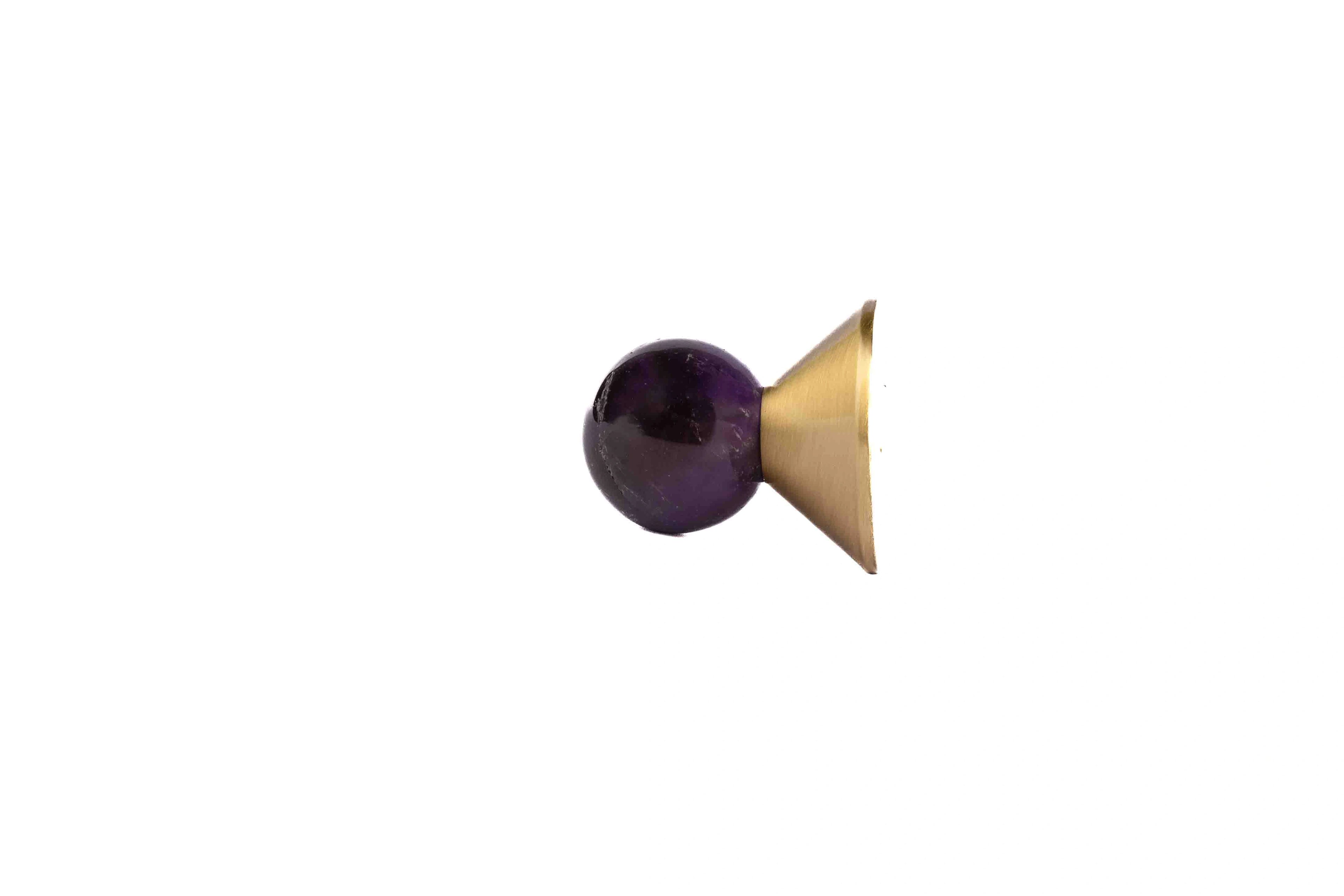 Crystal and brass round cabinet knob in purple finish by Mantara, model Astro Knob with C-0021.