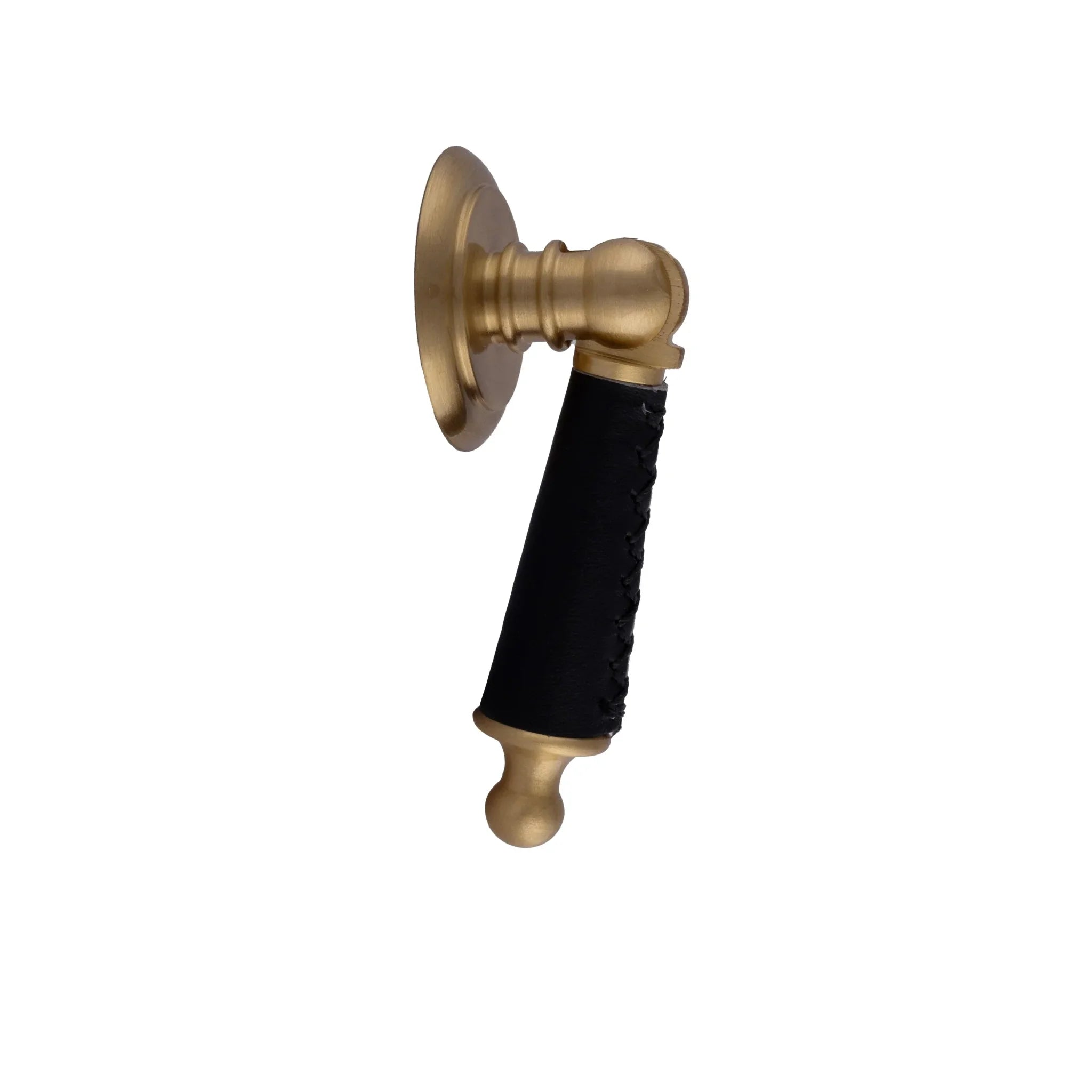Leather and brass drop knob in brown finish by Mantara, model Austere Drop Knob with L-0009.