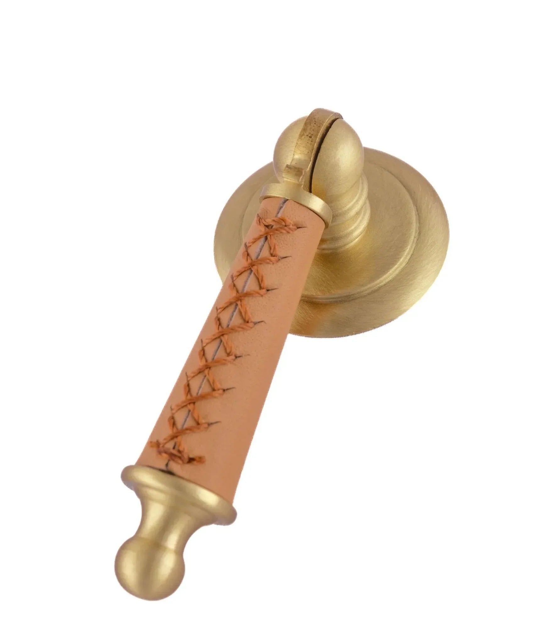 Leather and brass drop knob in brown finish by Mantara, model Austere Drop Knob with L-0009.