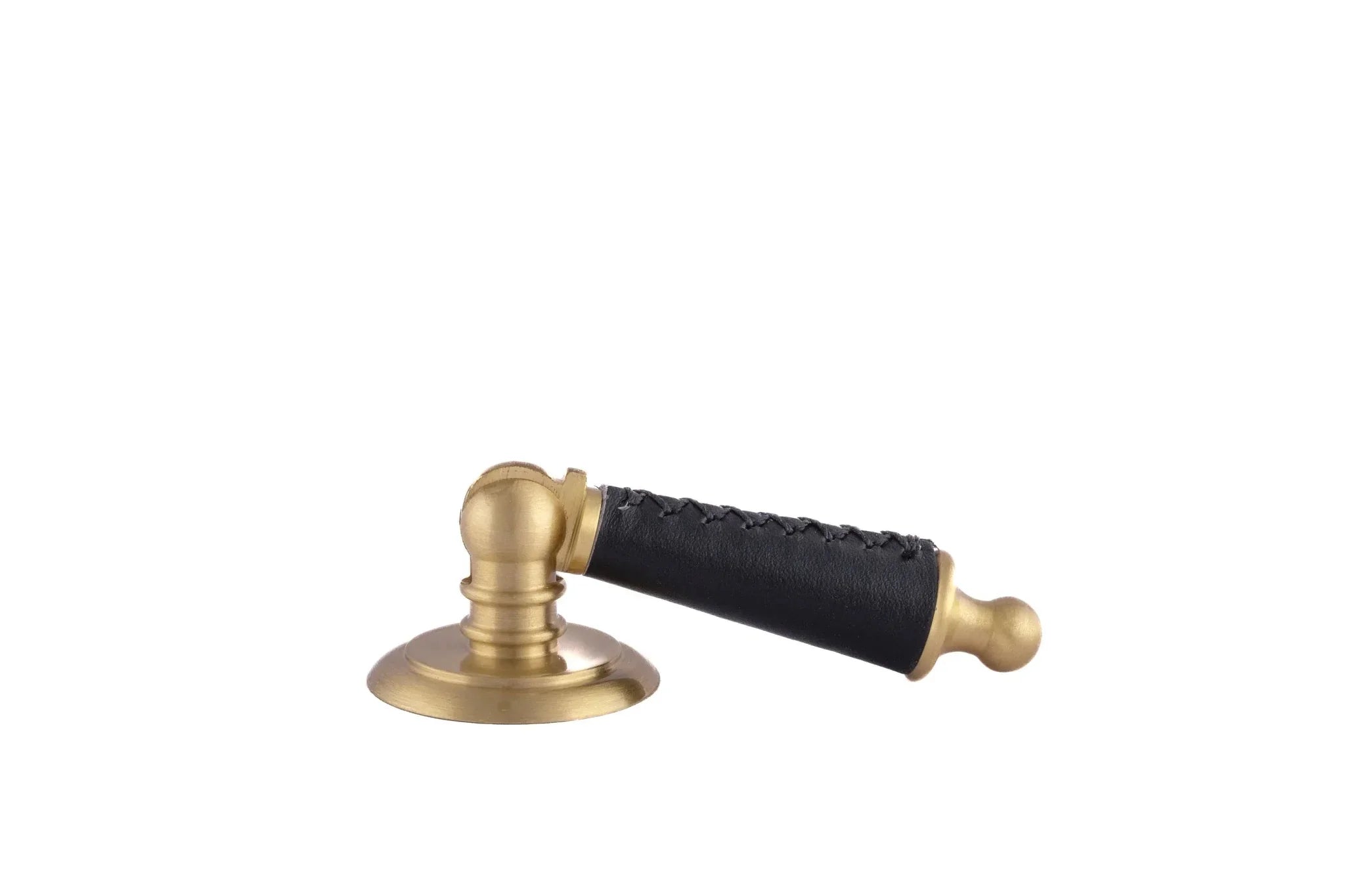 Leather and brass drop knob in brown finish by Mantara, model Austere Drop Knob with L-0009.