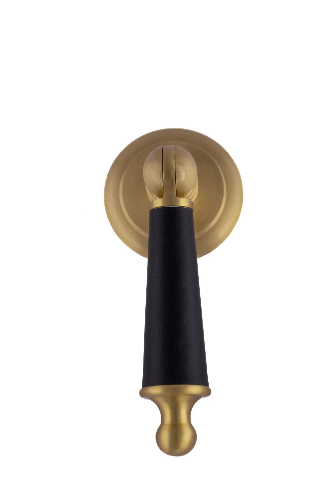 Leather and brass drop knob in brown finish by Mantara, model Austere Drop Knob with L-0009.