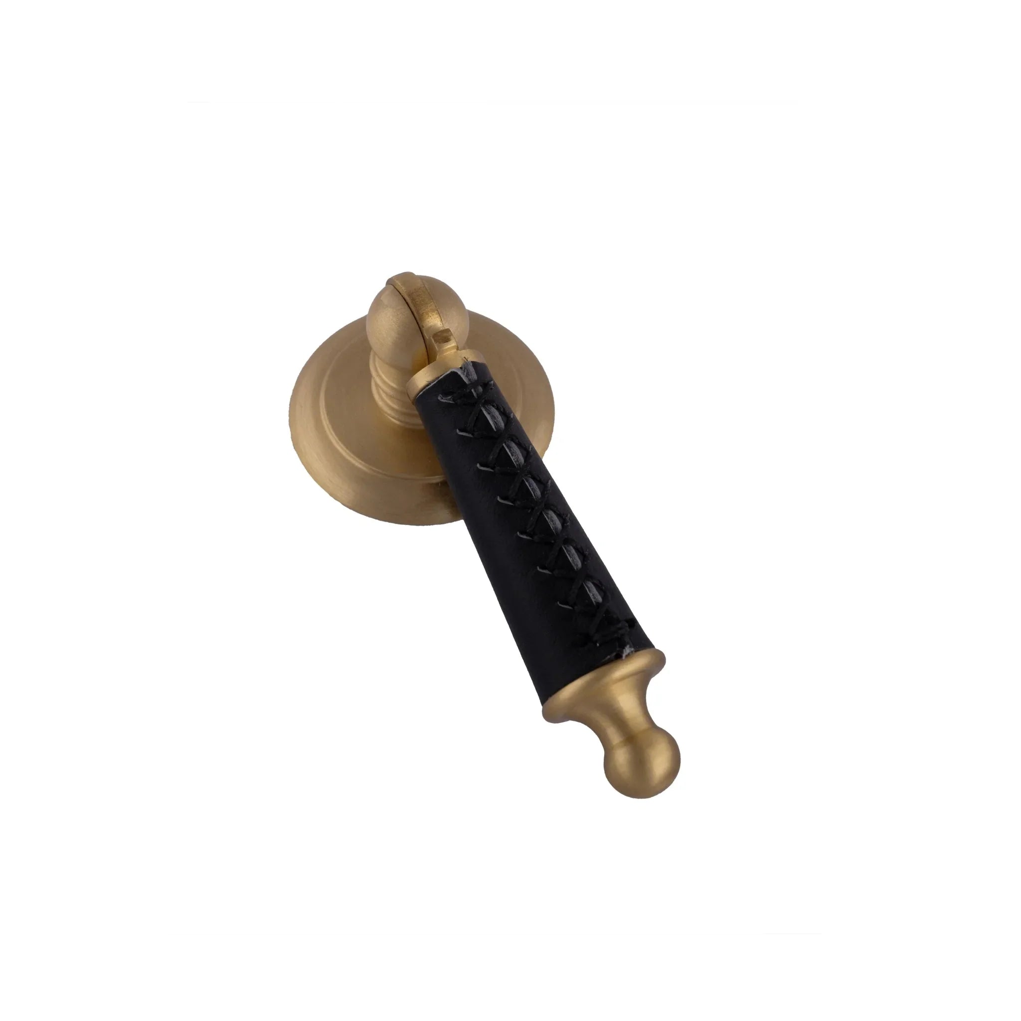 Leather and brass drop knob in brown finish by Mantara, model Austere Drop Knob with L-0009.