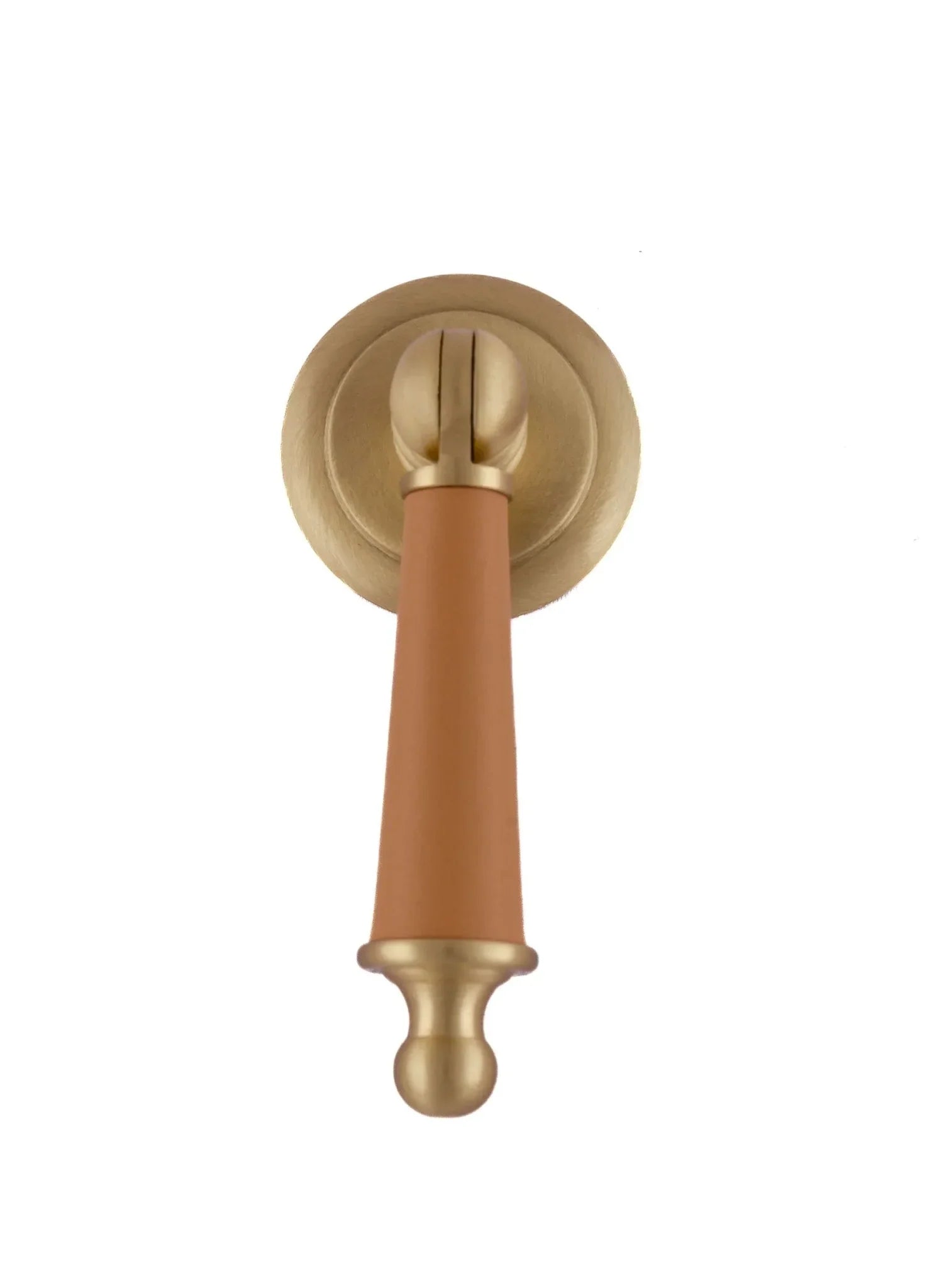 Leather and brass drop knob in brown finish by Mantara, model Austere Drop Knob with L-0009.
