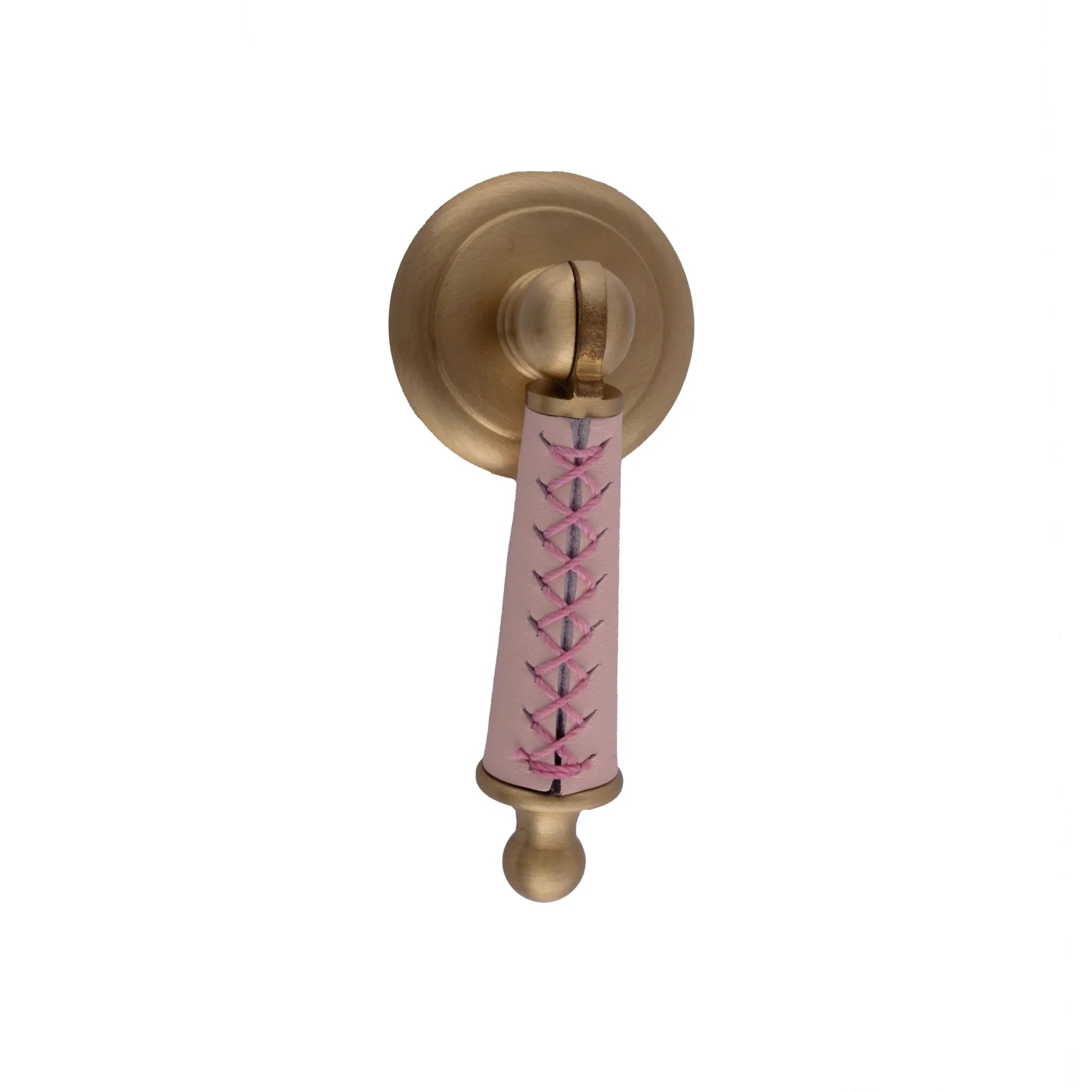 Leather and brass drop knob in brown finish by Mantara, model Austere Drop Knob with L-0009.