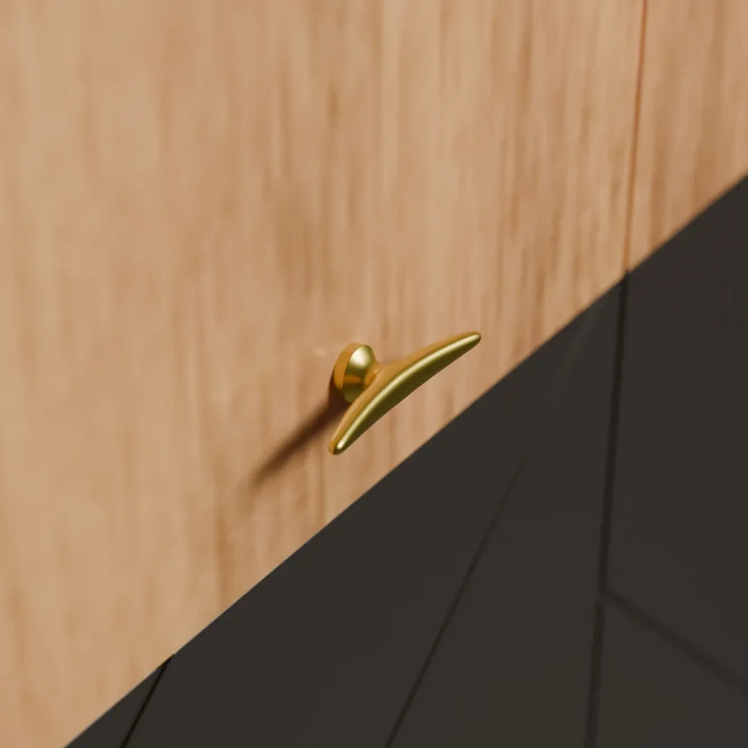 The Mantara B-0045 Palladian Handle is a modern brushed brass handle in gold, perfect for kitchens, cupboards, drawers, and wardrobes.
