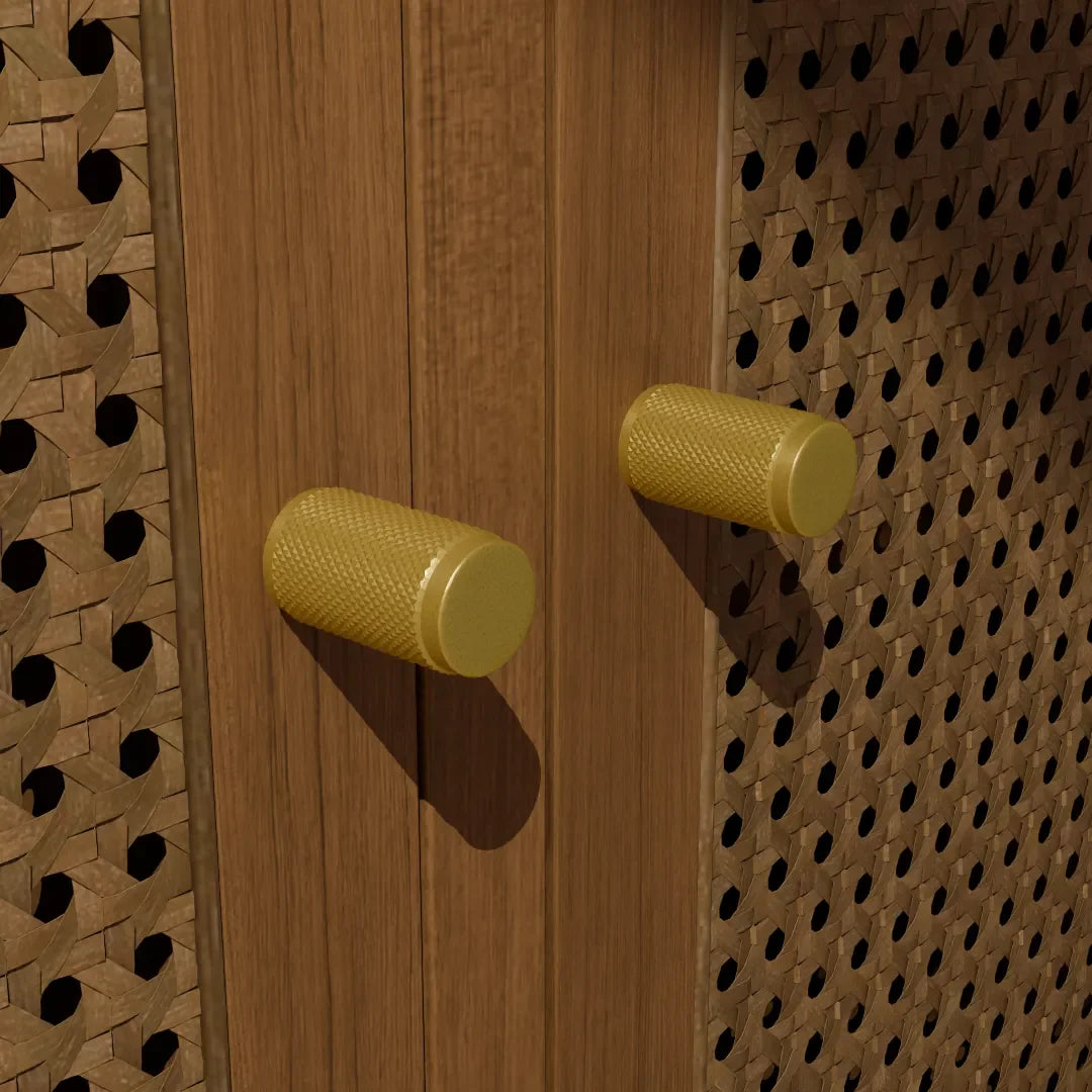 Mantara Pisa Knob B-0060 is a modern brushed brass handle in gold, ideal for wardrobes, cabinets, and main doors.