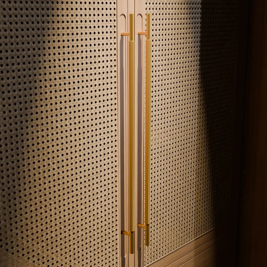 Mantara Pisa Knob B-0060 is a modern brushed brass handle in gold, ideal for wardrobes, cabinets, and main doors.
