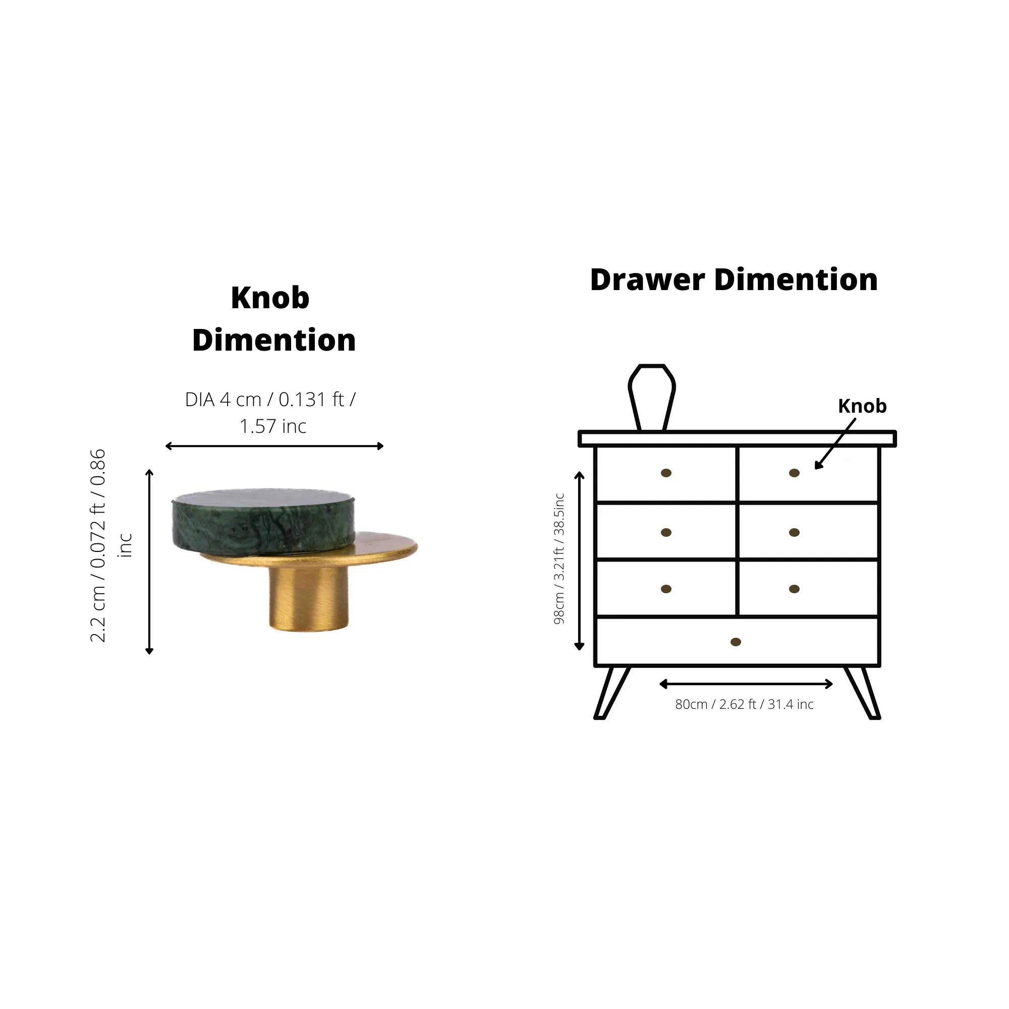 Calabra Knob M-0015 in green marble & brass, 42mm, polished face with brushed stem, for drawers by Mantara