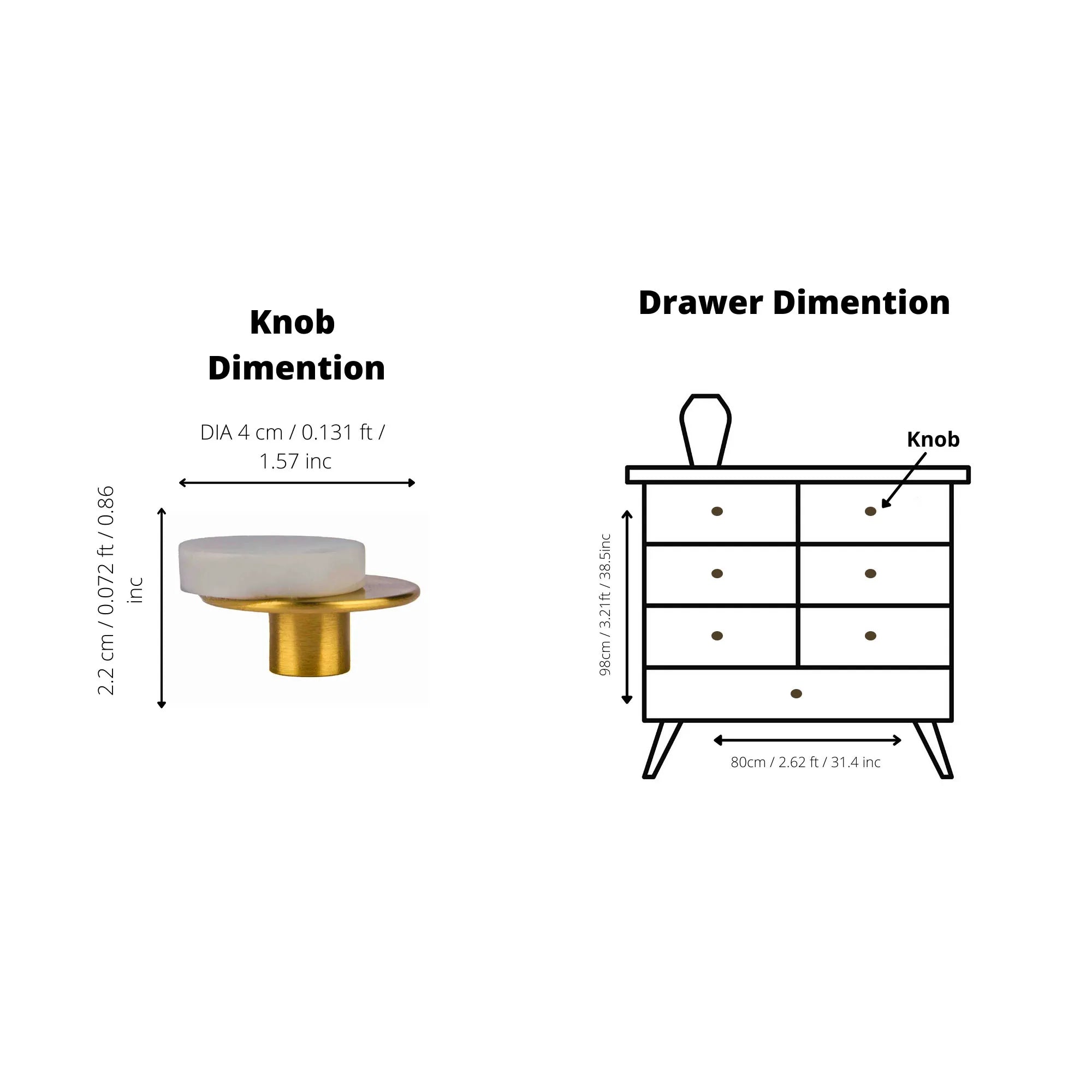 Calabra Knob M-0015 in white marble & brass, 42mm, polished face with brushed stem, for drawers by Mantara