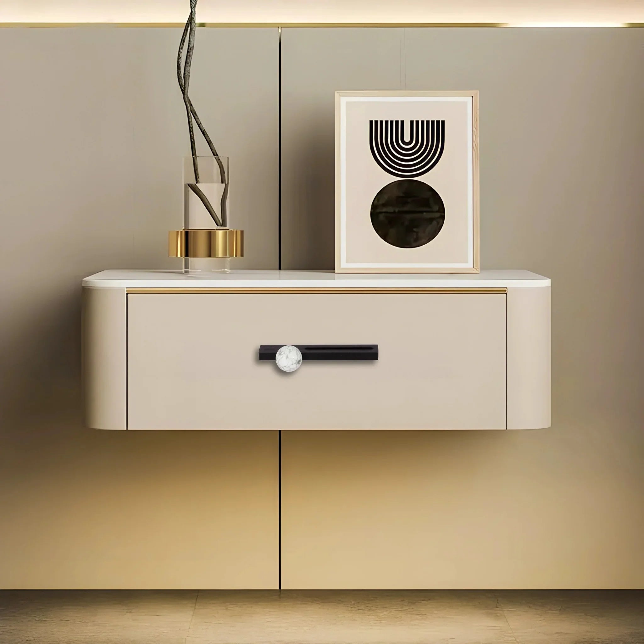 Mantara Calyx Handle M-0017 is a modern white marble handle with brushed finish, ideal for kitchen & dresser drawers.