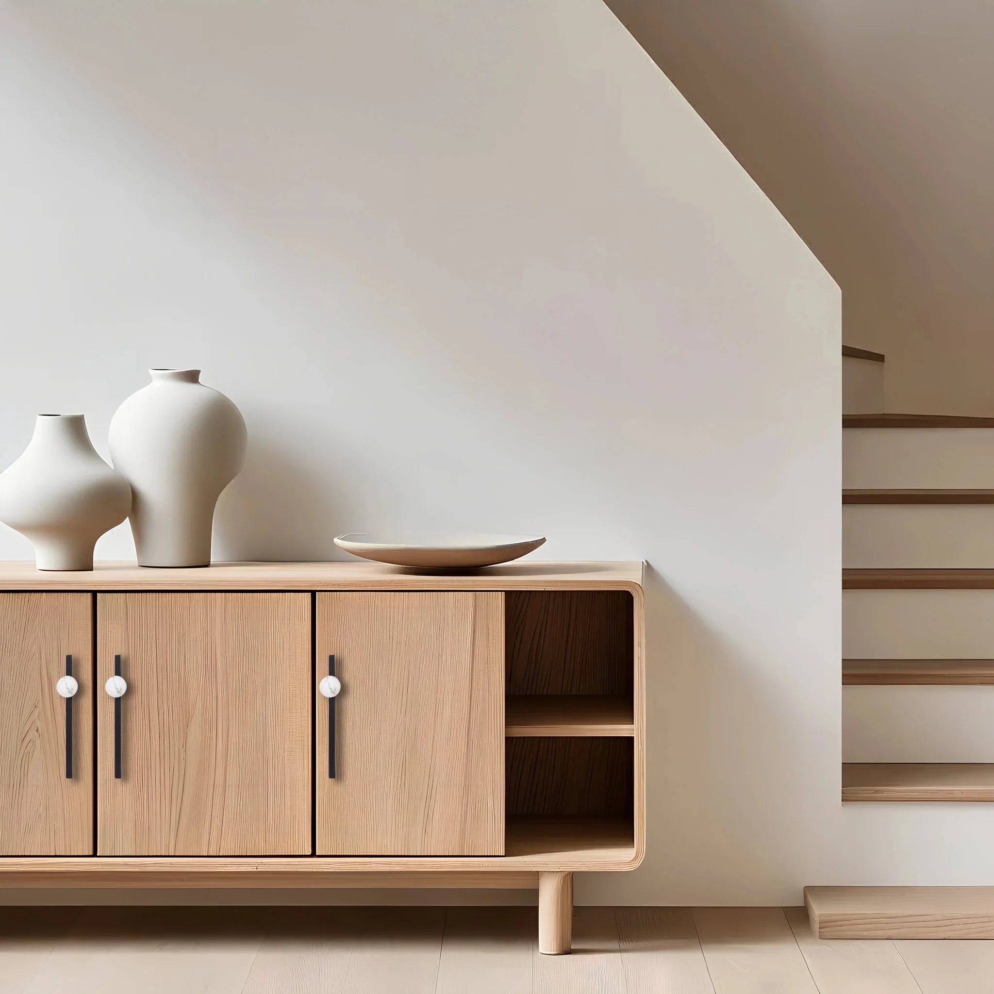 Mantara Calyx Handle M-0017 is a modern white marble handle with brushed finish, ideal for kitchen & dresser drawers.