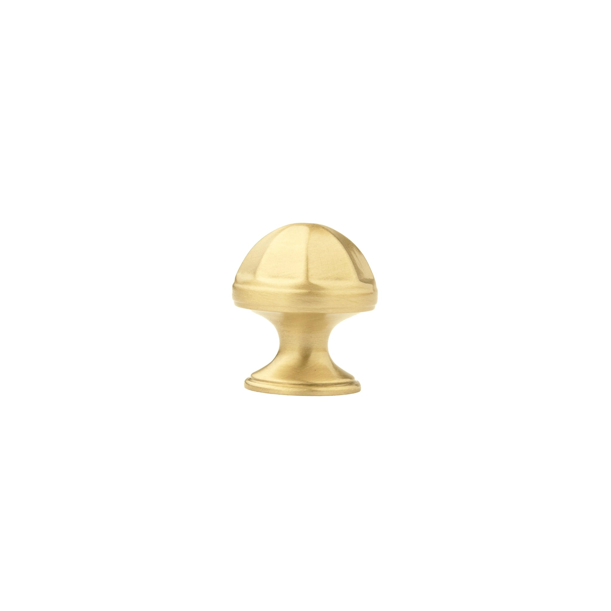 The Canopy Knob by Mantara (B-0105) is a brushed brass knob in gold, ideal for kitchens, cabinets, and furniture.