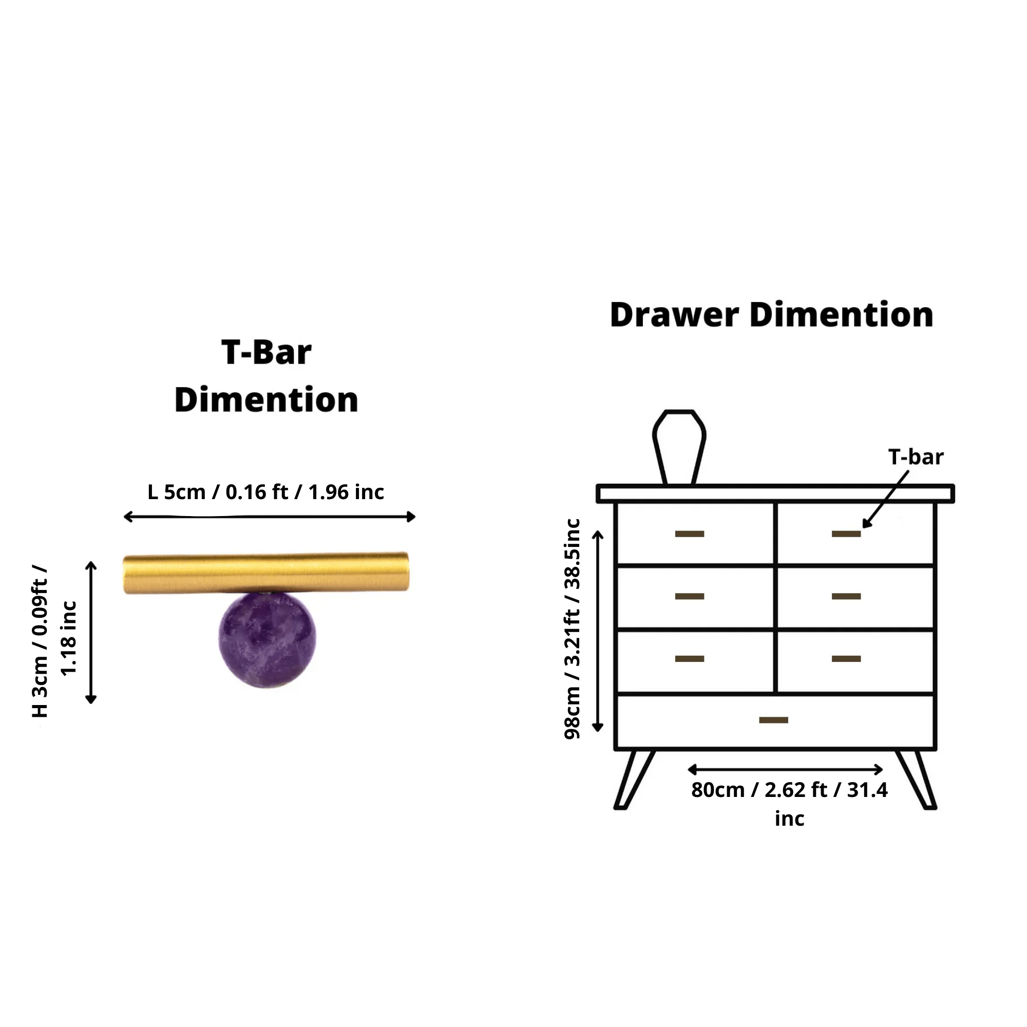 The Mantara C-0020 Chroma T-Bar is a modern crystal and brass knob in purple, ideal for drawers and cabinets.