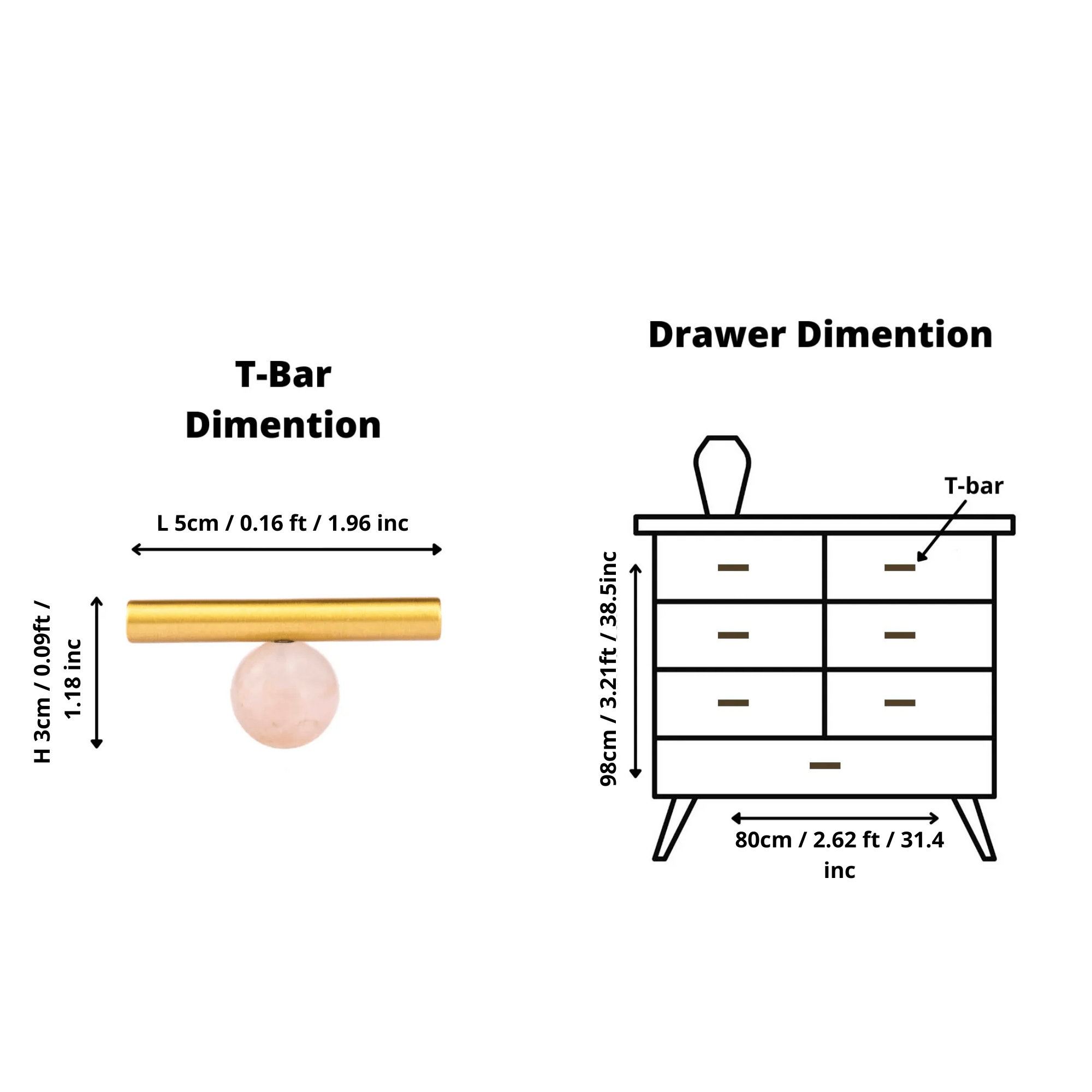 The Mantara C-0020 Chroma T-Bar is a modern crystal and brass knob in pink, ideal for drawers and cabinets.