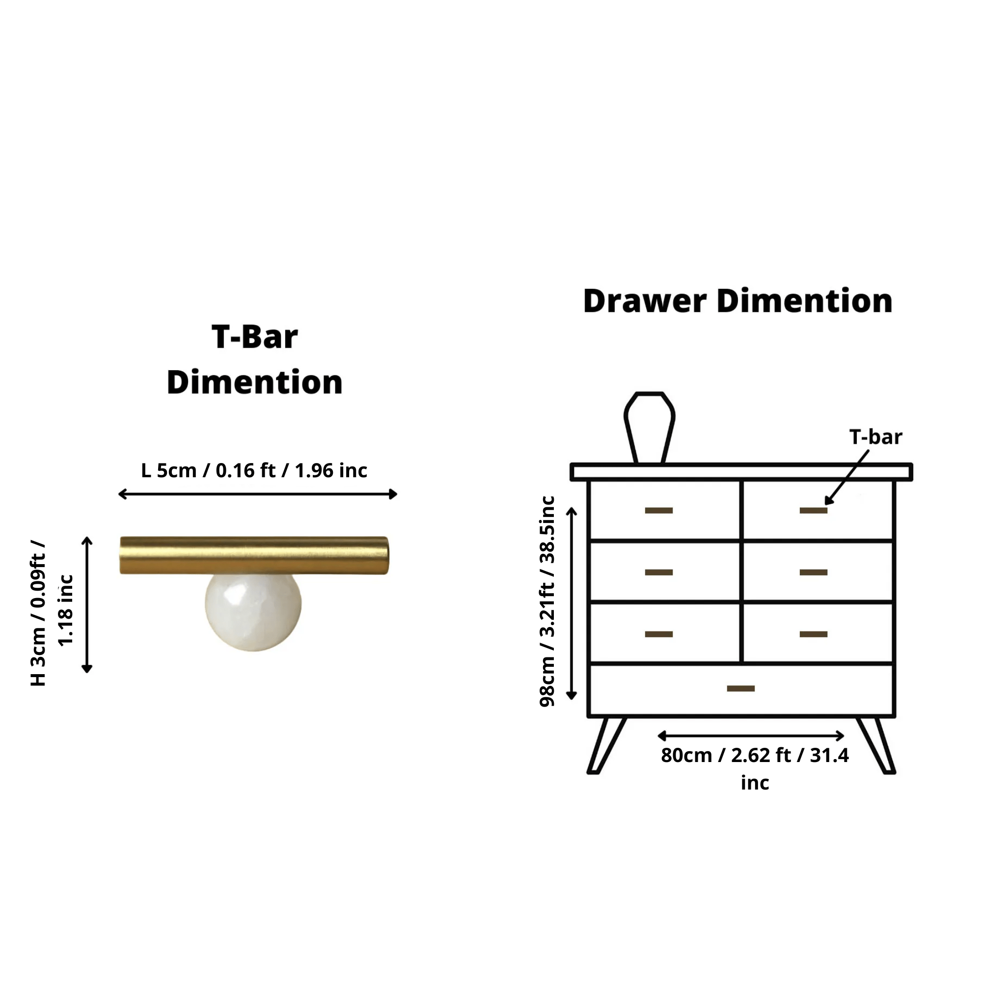 The Mantara C-0020 Chroma T-Bar is a modern crystal and brass knob in white, ideal for drawers and cabinets.