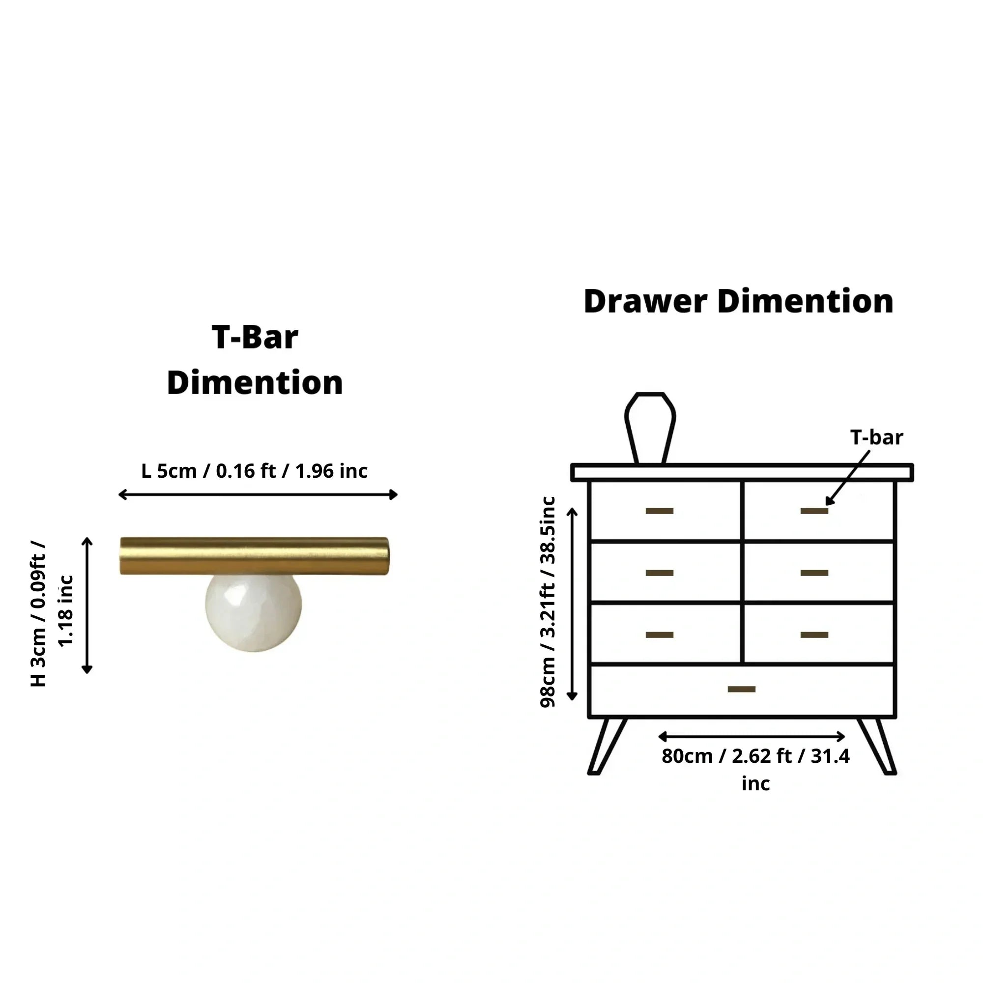 The Mantara C-0020 Chroma T-Bar is a modern crystal and brass knob in white, ideal for drawers and cabinets.