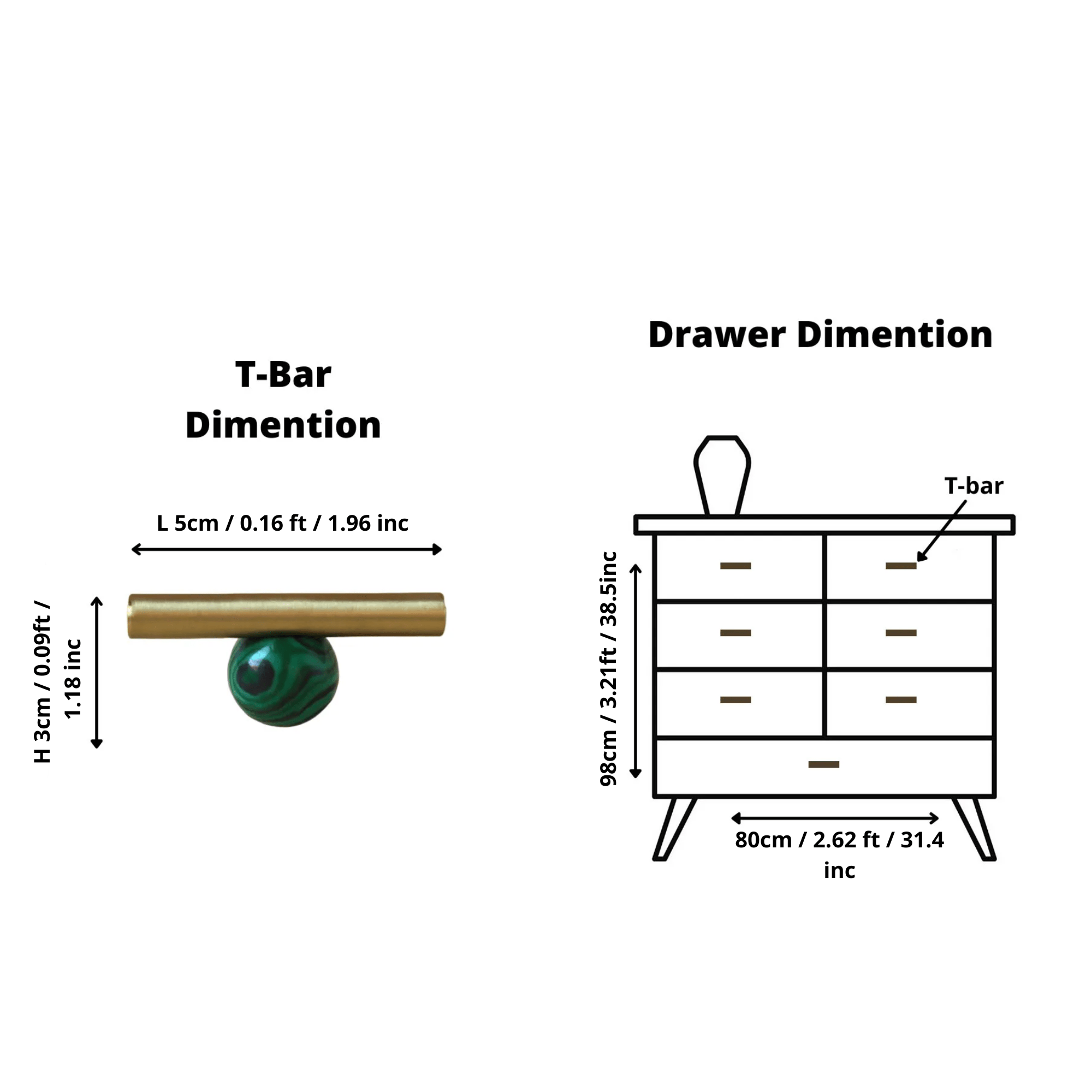 The Mantara C-0020 Chroma T-Bar is a modern crystal and brass knob in green, ideal for drawers and cabinets.