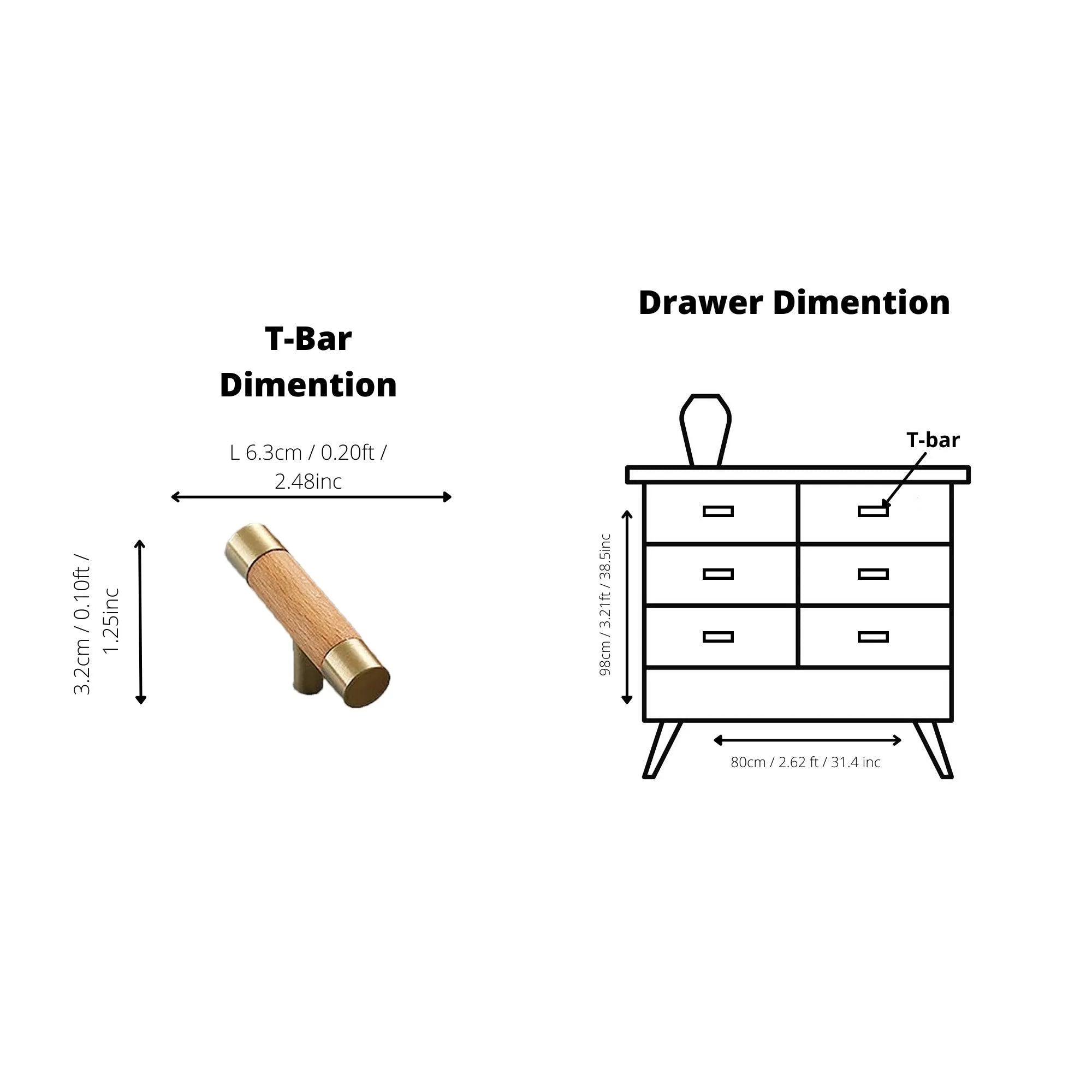 Cinnamon Handle W-0008 in brushed brass & wood, sizes 63–278mm, ideal for wardrobes, cabinets & drawers—by Mantara.